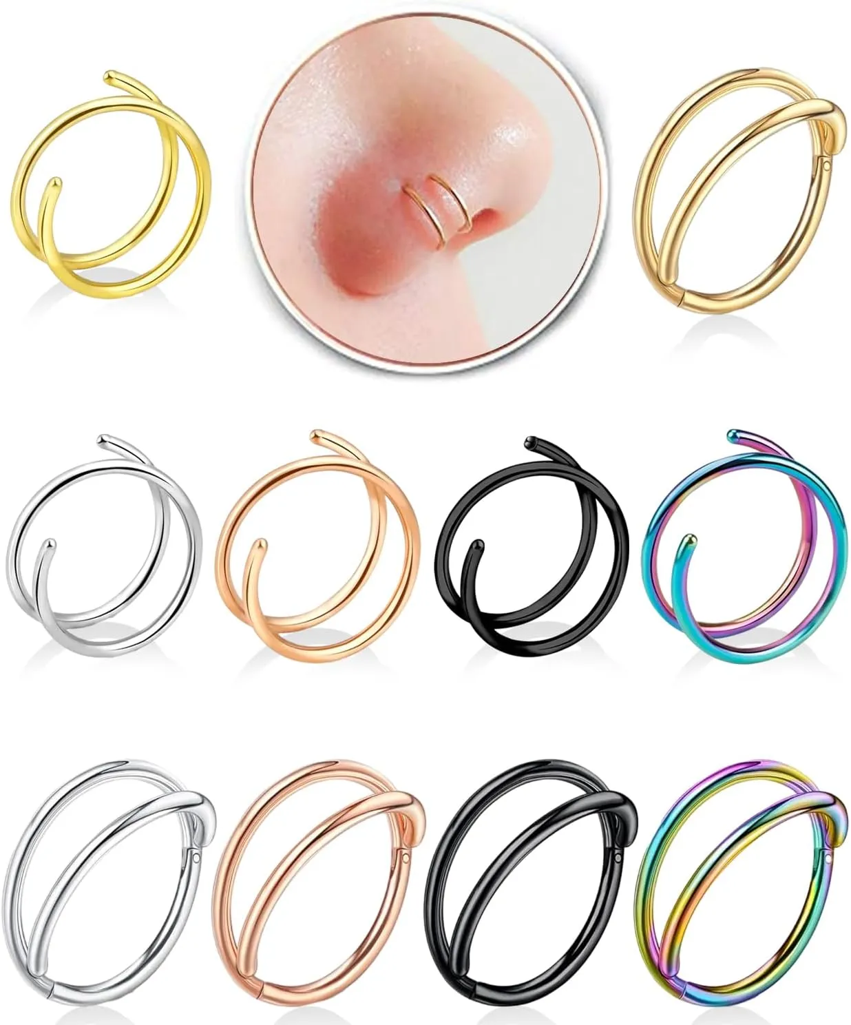10 Pcs 20G Double Hoop Nose Rings 316L Surgical Steel Septum Clicker Ring Nose Ring Hoop Sleeper Hoop Earring Helix Rook Conch Cartilage Daith Tragus Earrings Lobe Nose Piercing Jewelry for Women Men