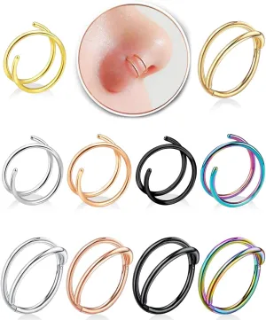 10 Pcs 20G Double Hoop Nose Rings 316L Surgical Steel Septum Clicker Ring Nose Ring Hoop Sleeper Hoop Earring Helix Rook Conch Cartilage Daith Tragus Earrings Lobe Nose Piercing Jewelry for Women Men