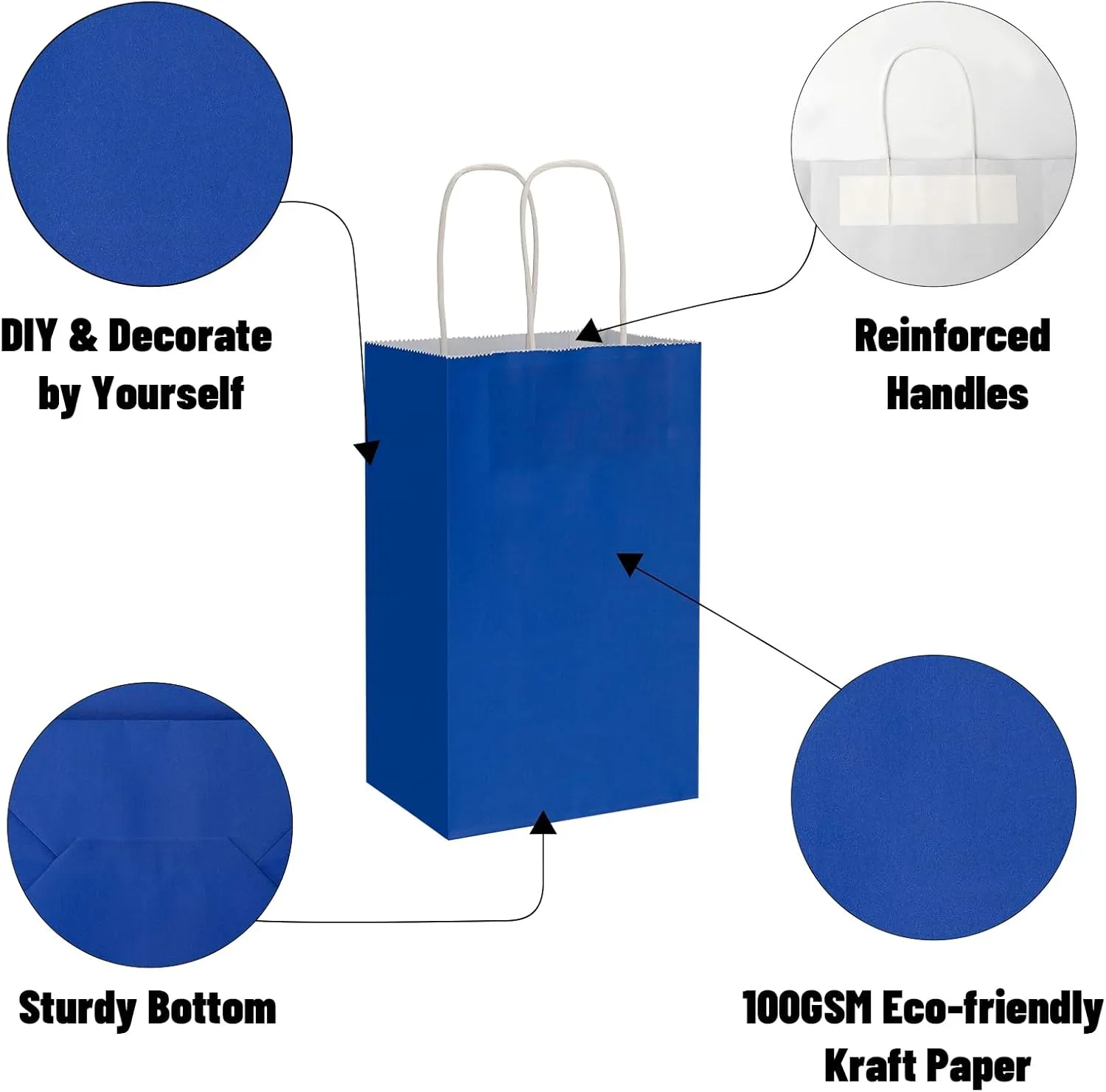 100 Pack 5.25x3.25x8.25 Inch Small Royal Blue Kraft Paper Bags with Handles Bulk, Toovip Gift Wrap Bags for Favor Grocery Retail Party Birthday Shopping Business Goody Craft Merchandise Take Out Sacks