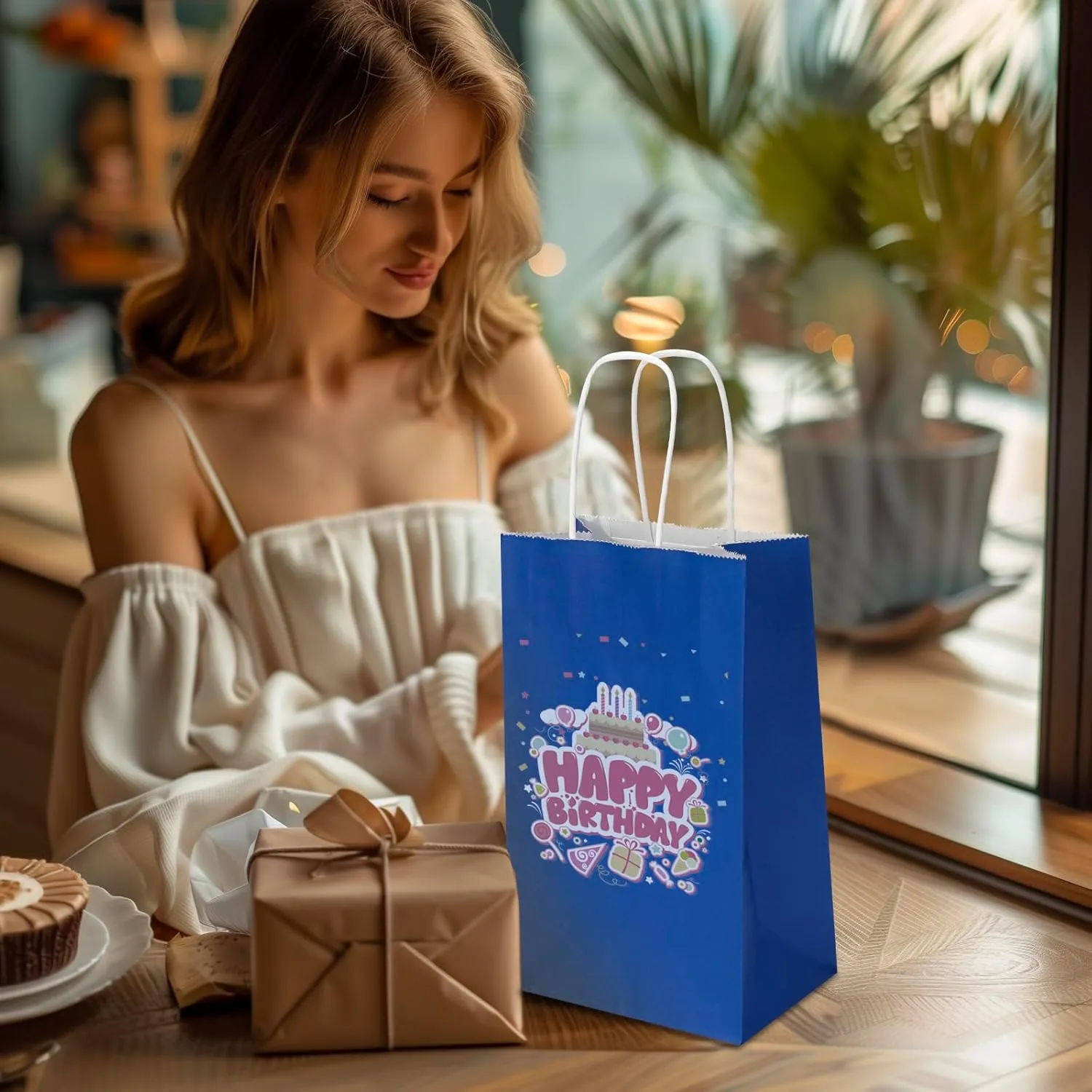 100 Pack 5.25x3.25x8.25 Inch Small Royal Blue Kraft Paper Bags with Handles Bulk, Toovip Gift Wrap Bags for Favor Grocery Retail Party Birthday Shopping Business Goody Craft Merchandise Take Out Sacks