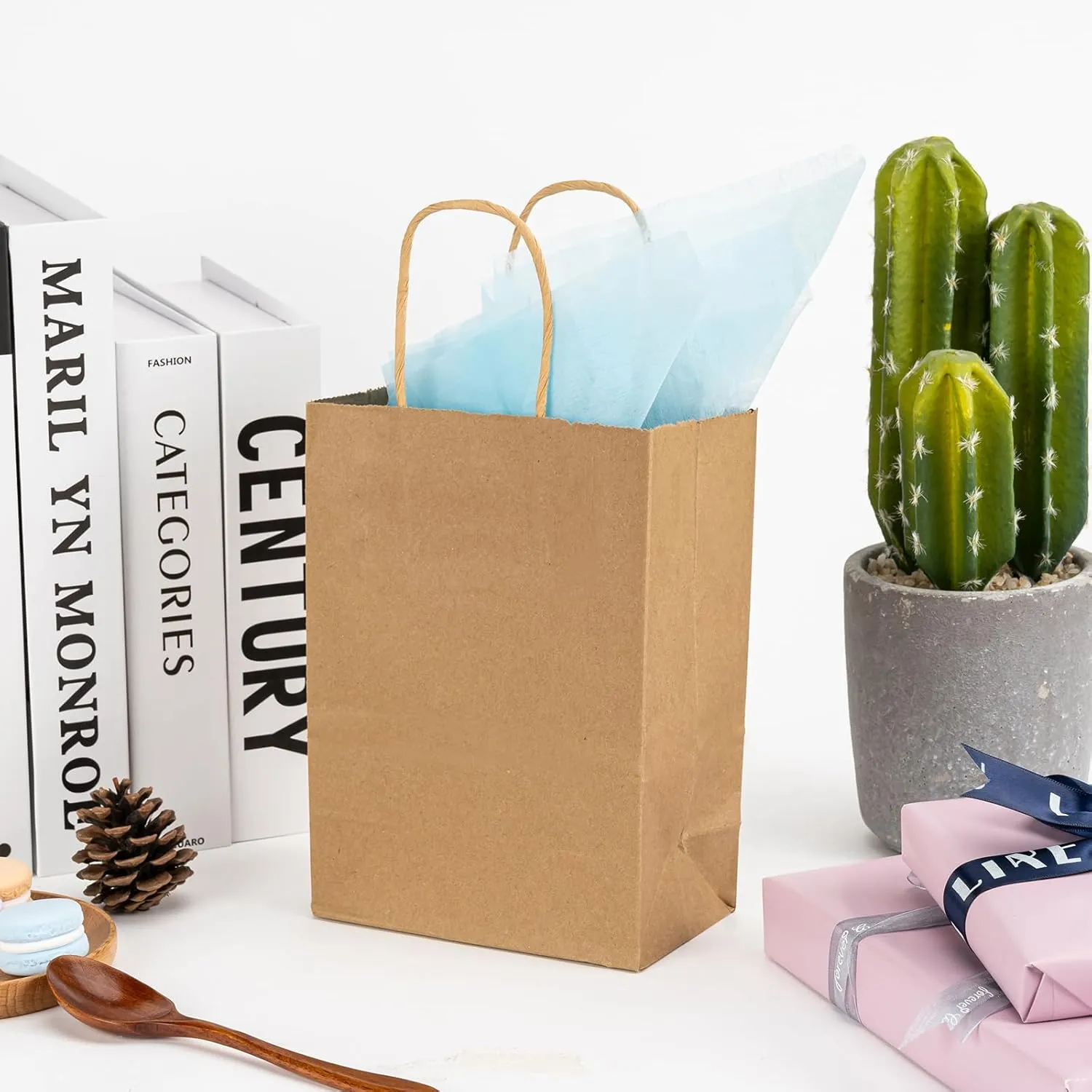 100 Pack 5.8x3.2x8.25 Inch Brown Kraft Paper Gift Bags with Handles - Bulk Small Plain Natural Bags for Birthday Party Favors, Grocery, Retail Shopping, Wedding, Craft, Goody, Takeouts, and Business