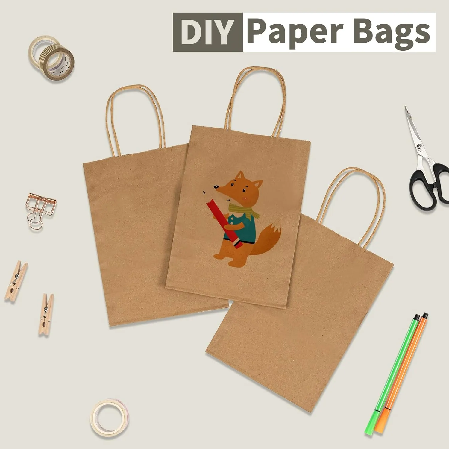 100 Pack 5.8x3.2x8.25 Inch Brown Kraft Paper Gift Bags with Handles - Bulk Small Plain Natural Bags for Birthday Party Favors, Grocery, Retail Shopping, Wedding, Craft, Goody, Takeouts, and Business