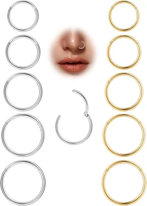 10Pcs 18G 20G Surgical Steel Nose Rings Hoops for Women Men Hinged Seamless Clicker Nose Hoops Cartilage Helix Tragus Daith Sleeper Earrings Hoop Hypoallergenic Nose Piercing 6/7/8/9/10MM