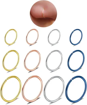 12 Pcs Stainless Steel Hoop Nose Ring Cartilage Ring Set 4 Color Set, 20G Hypoallergenic 316l Stainless Steel Fake Earrings Nose Rings Septum hoops Tiny Silver Piercing Jewelry 6-7-8mm for Women Men