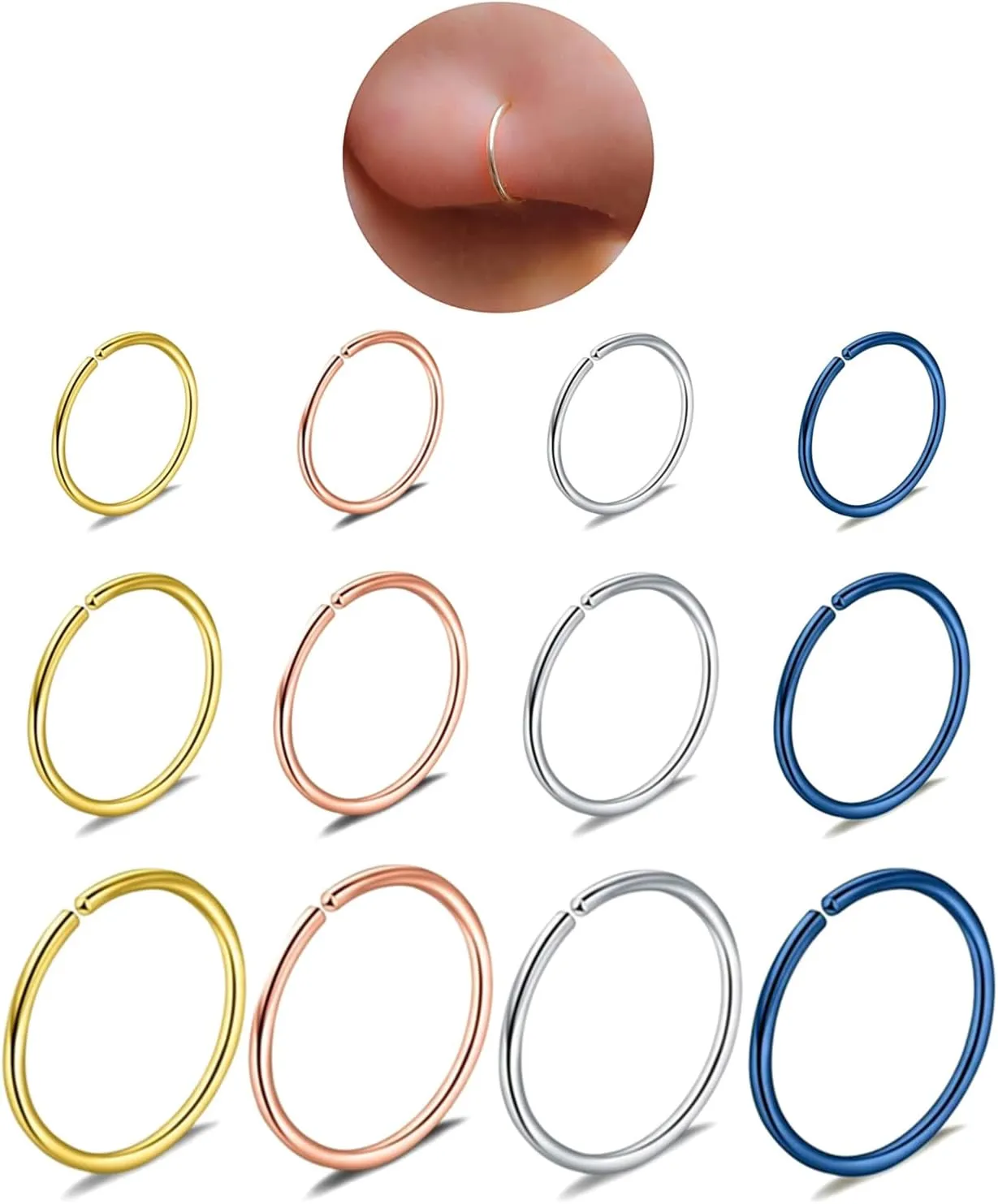 12 Pcs Stainless Steel Hoop Nose Ring Cartilage Ring Set 4 Color Set, 20G Hypoallergenic 316l Stainless Steel Fake Earrings Nose Rings Septum hoops Tiny Silver Piercing Jewelry 6-7-8mm for Women Men