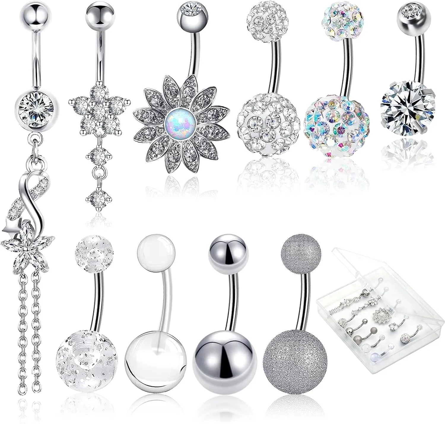 14 G Belly Button Rings for Women, 10 PCS Belly Button Piercing Jewelry Surgical Stainless Steel Belly Rings for Women Men Navel Rings Piercing (Silver, Clear)
