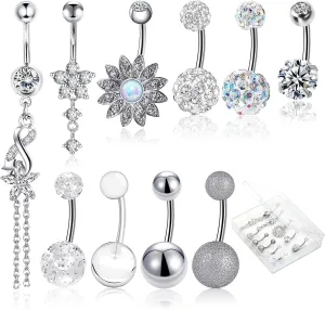 14 G Belly Button Rings for Women, 10 PCS Belly Button Piercing Jewelry Surgical Stainless Steel Belly Rings for Women Men Navel Rings Piercing (Silver, Clear)