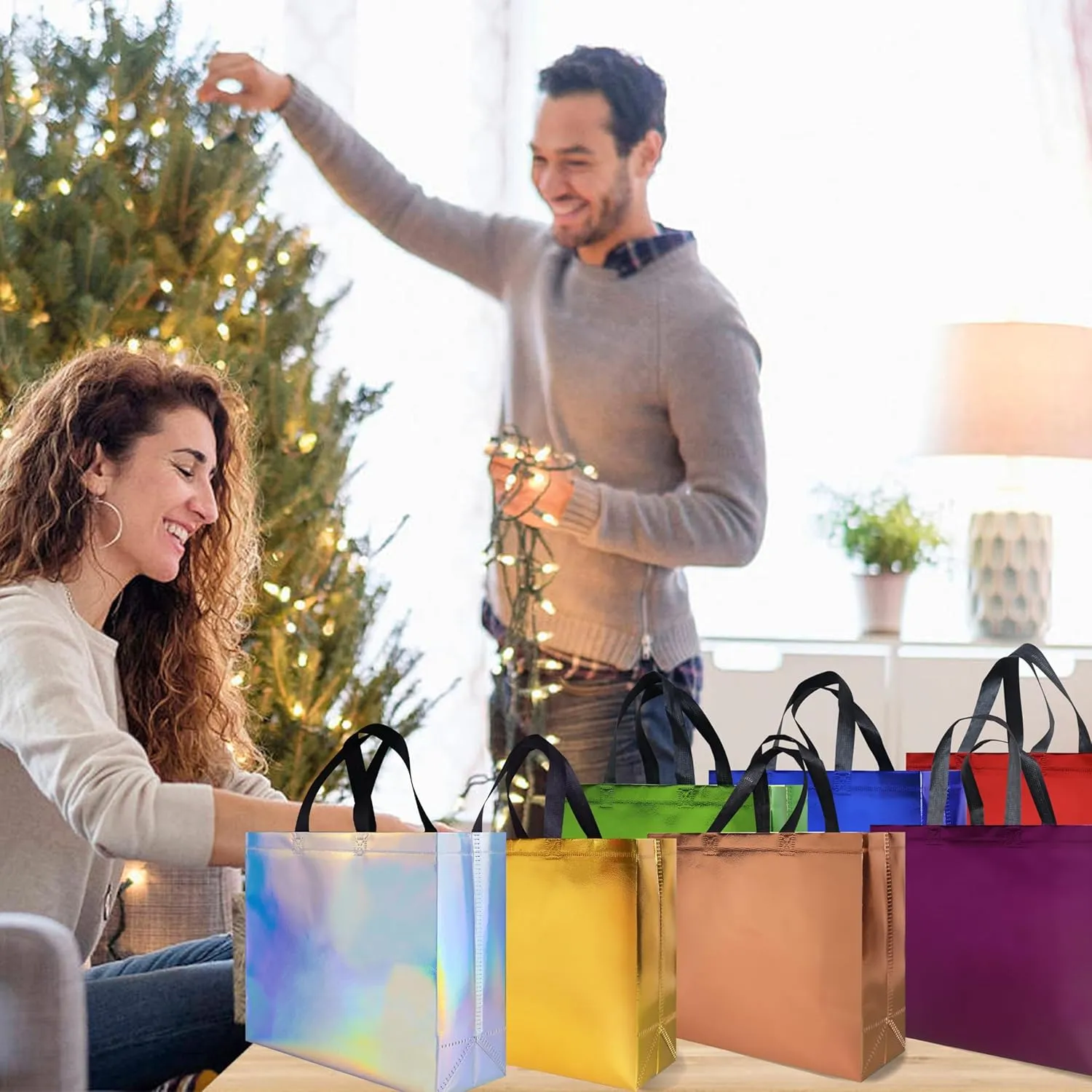 14 pcs Glossy Gift Bags Sets, 12.6 x 4.7 x 11 In Non-woven Reusable Party Bags with Sturdy Base, Mixcolor Large Gift Bags for Birthdays, Weddings, Holiday, Party- 7 Colors