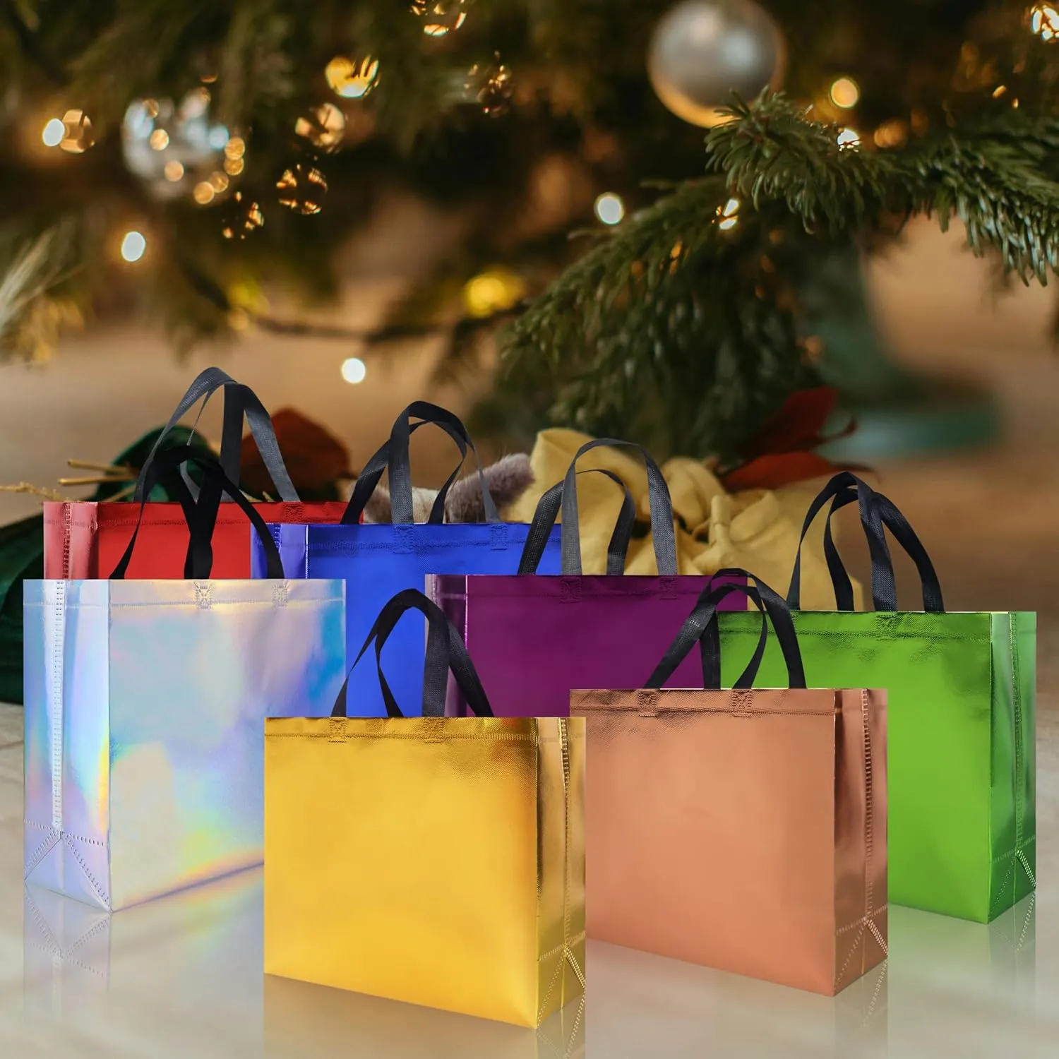 14 pcs Glossy Gift Bags Sets, 12.6 x 4.7 x 11 In Non-woven Reusable Party Bags with Sturdy Base, Mixcolor Large Gift Bags for Birthdays, Weddings, Holiday, Party- 7 Colors