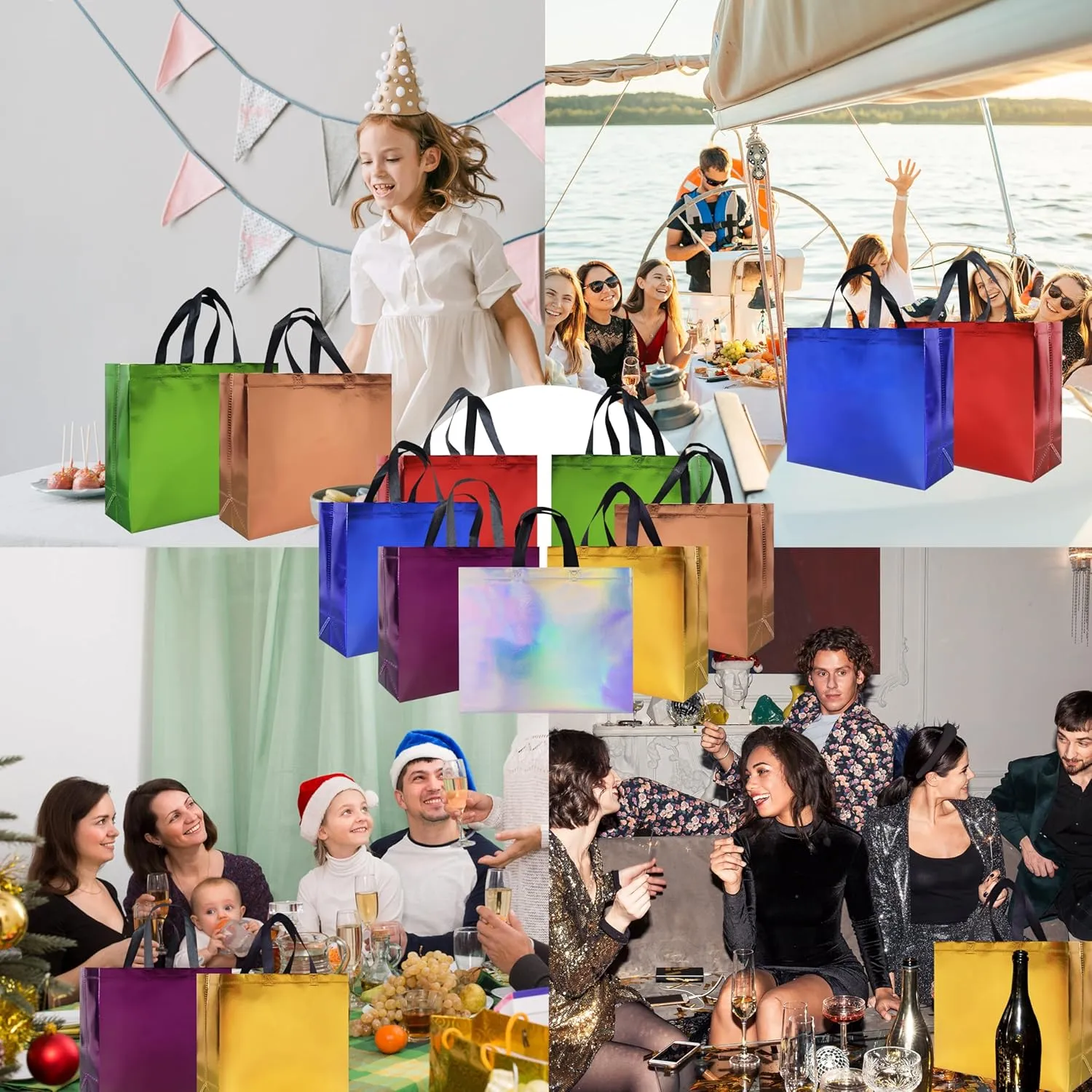14 pcs Glossy Gift Bags Sets, 12.6 x 4.7 x 11 In Non-woven Reusable Party Bags with Sturdy Base, Mixcolor Large Gift Bags for Birthdays, Weddings, Holiday, Party- 7 Colors