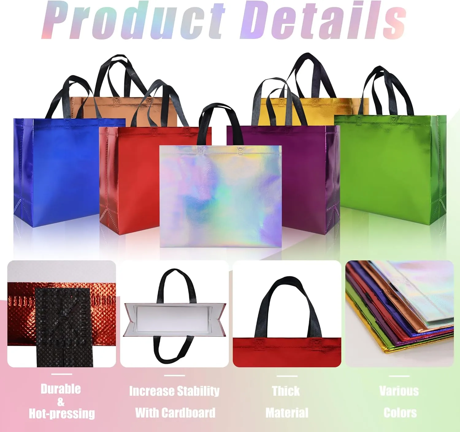 14 pcs Glossy Gift Bags Sets, 12.6 x 4.7 x 11 In Non-woven Reusable Party Bags with Sturdy Base, Mixcolor Large Gift Bags for Birthdays, Weddings, Holiday, Party- 7 Colors