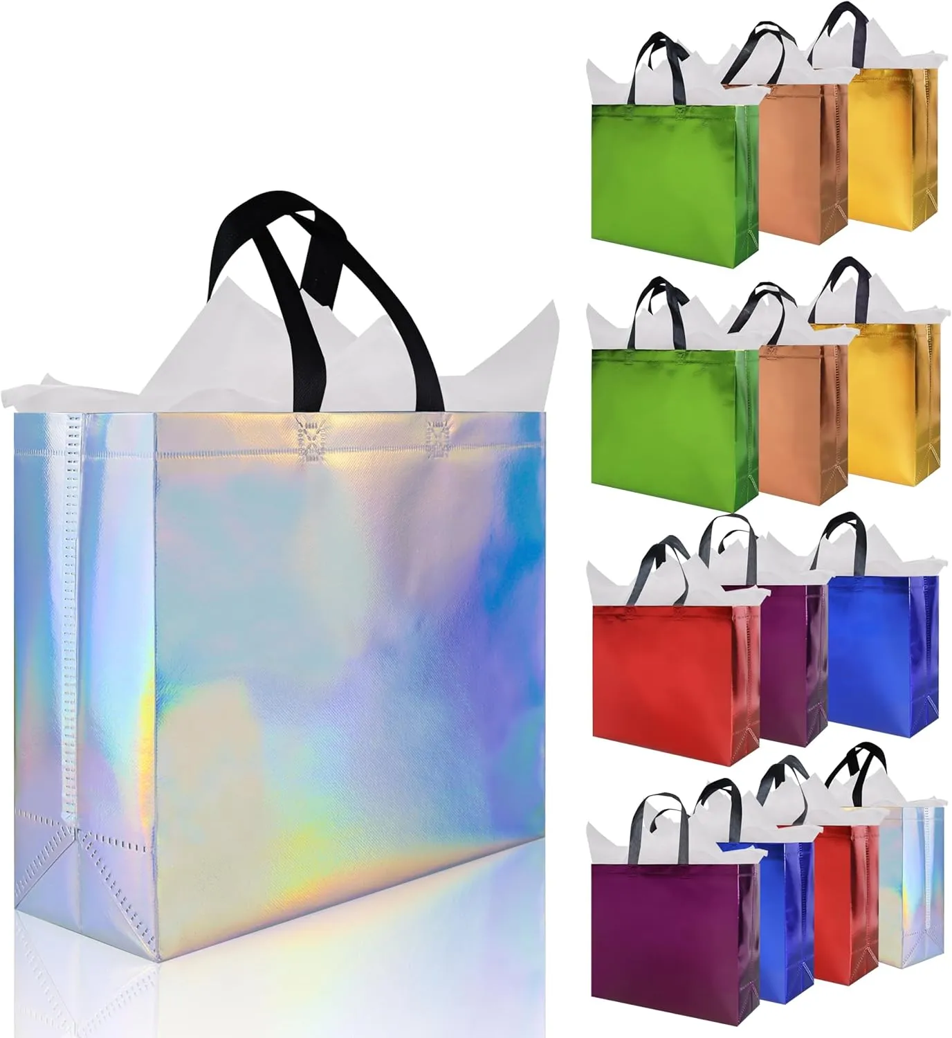 14 pcs Glossy Gift Bags Sets, 12.6 x 4.7 x 11 In Non-woven Reusable Party Bags with Sturdy Base, Mixcolor Large Gift Bags for Birthdays, Weddings, Holiday, Party- 7 Colors