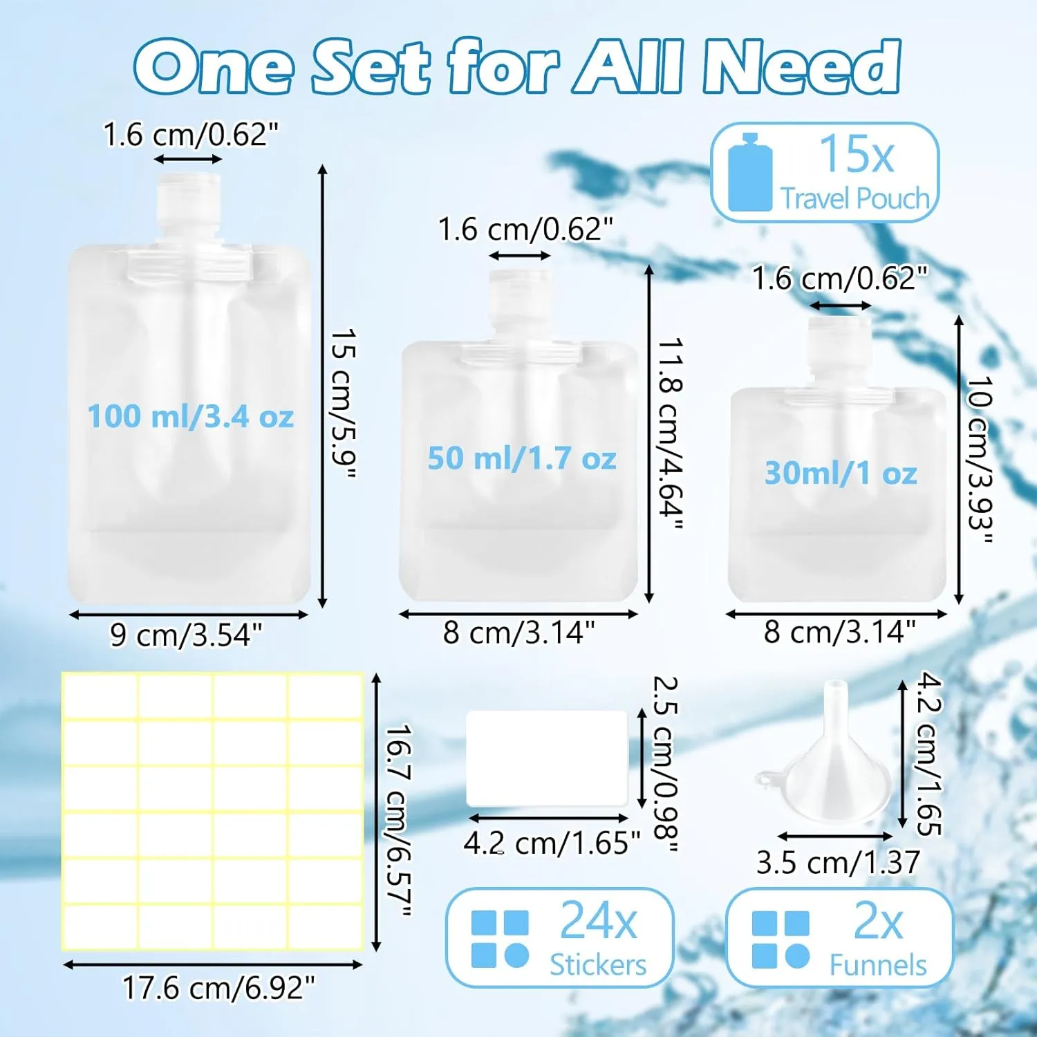 15 Pcs Travel Pouches for Toiletries, 3.4oz/100ml Leak Proof Squeeze Pouches, Refillable Stand Up Pouches with Labels, TSA Approved Travel Containers for Shampoo, Conditioner