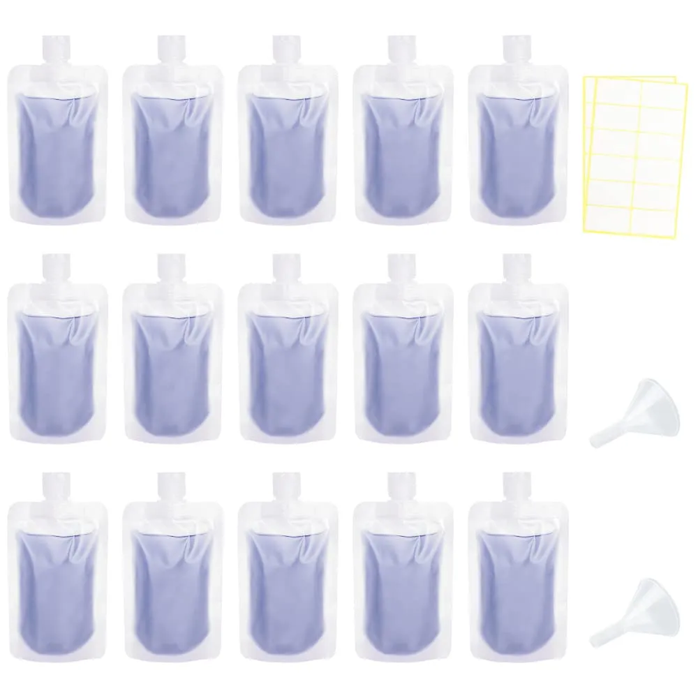 15 Pcs Travel Pouches for Toiletries, 3.4oz/100ml Leak Proof Squeeze Pouches, Refillable Stand Up Pouches with Labels, TSA Approved Travel Containers for Shampoo, Conditioner