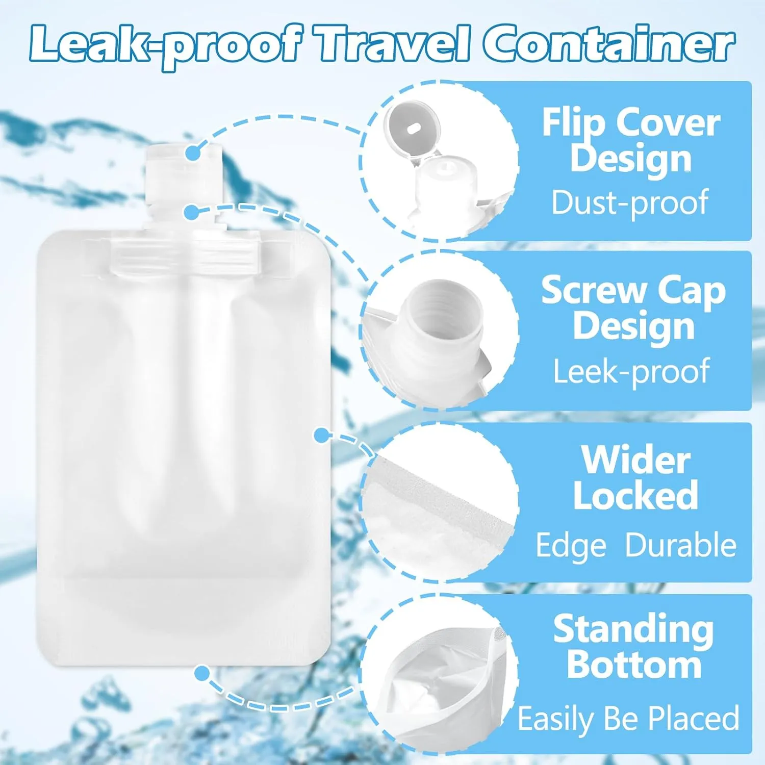 15 Pcs Travel Pouches for Toiletries, 3.4oz/100ml Leak Proof Squeeze Pouches, Refillable Stand Up Pouches with Labels, TSA Approved Travel Containers for Shampoo, Conditioner