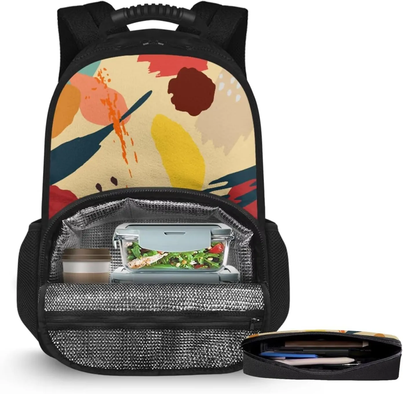 15.6 Inch Backpack with Insulated Lunch Compartment Abstract Print Pencil Pouch & Kids Bag 2 in 1, Smooth Zipper and Multifunctional Storage, for Travel Daycare & Travel