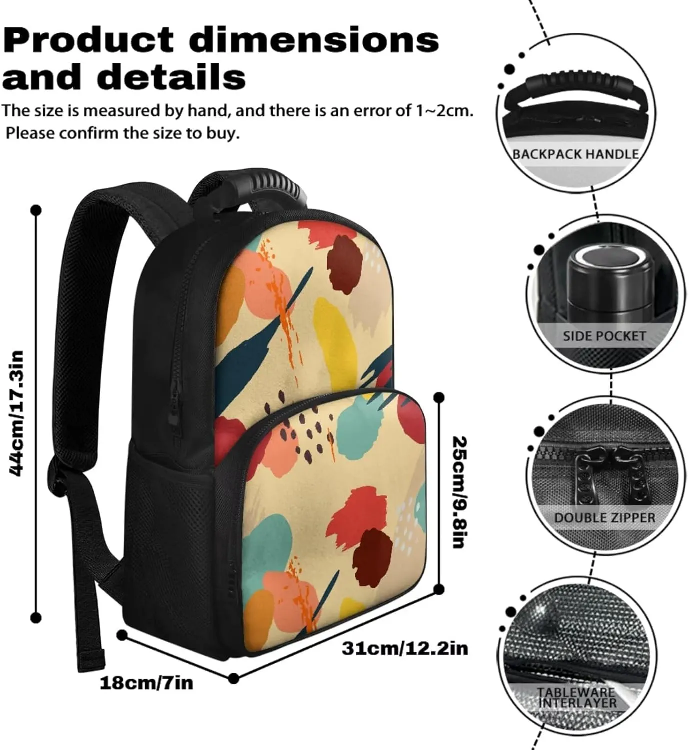 15.6 Inch Backpack with Insulated Lunch Compartment Abstract Print Pencil Pouch & Kids Bag 2 in 1, Smooth Zipper and Multifunctional Storage, for Travel Daycare & Travel