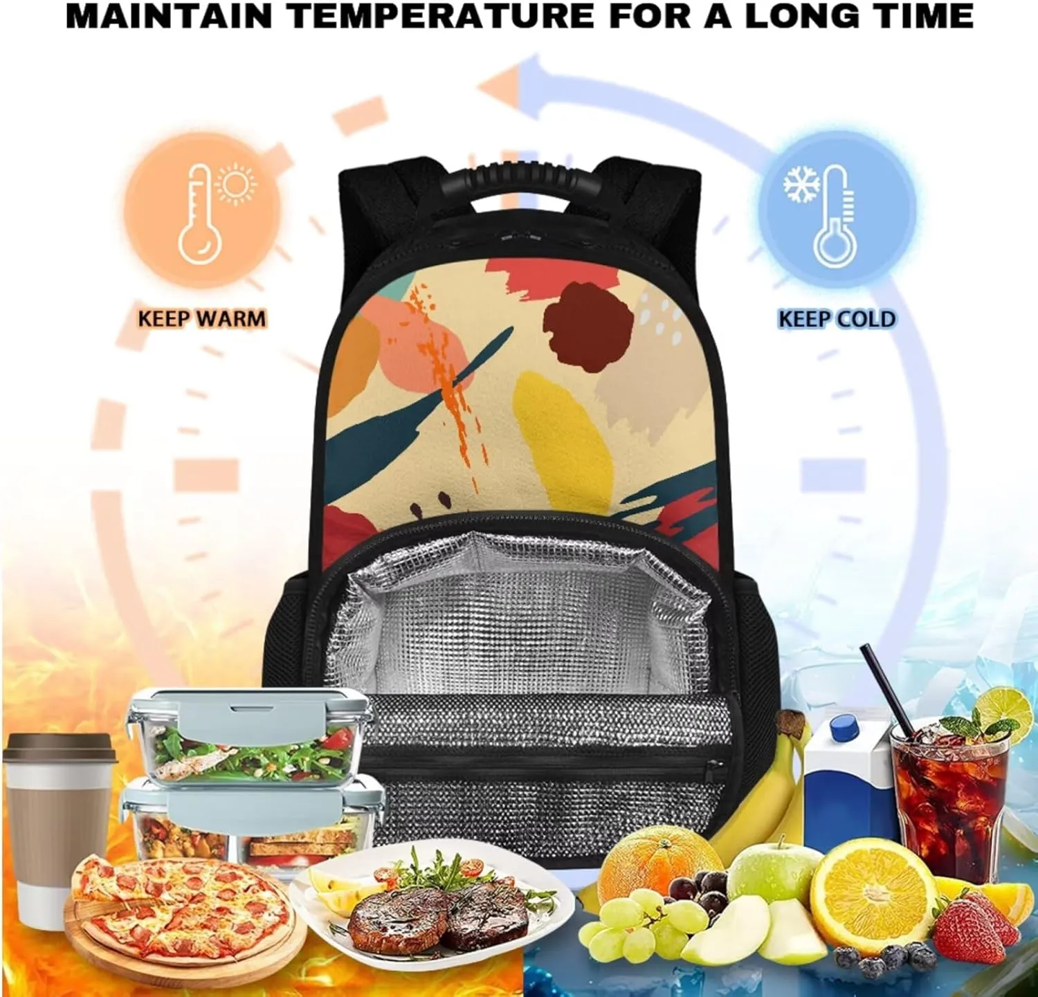 15.6 Inch Backpack with Insulated Lunch Compartment Abstract Print Pencil Pouch & Kids Bag 2 in 1, Smooth Zipper and Multifunctional Storage, for Travel Daycare & Travel
