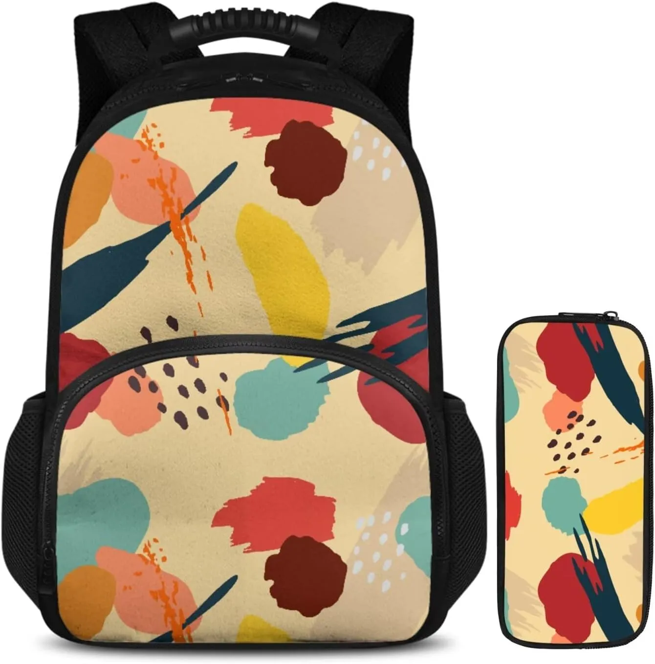 15.6 Inch Backpack with Insulated Lunch Compartment Abstract Print Pencil Pouch & Kids Bag 2 in 1, Smooth Zipper and Multifunctional Storage, for Travel Daycare & Travel
