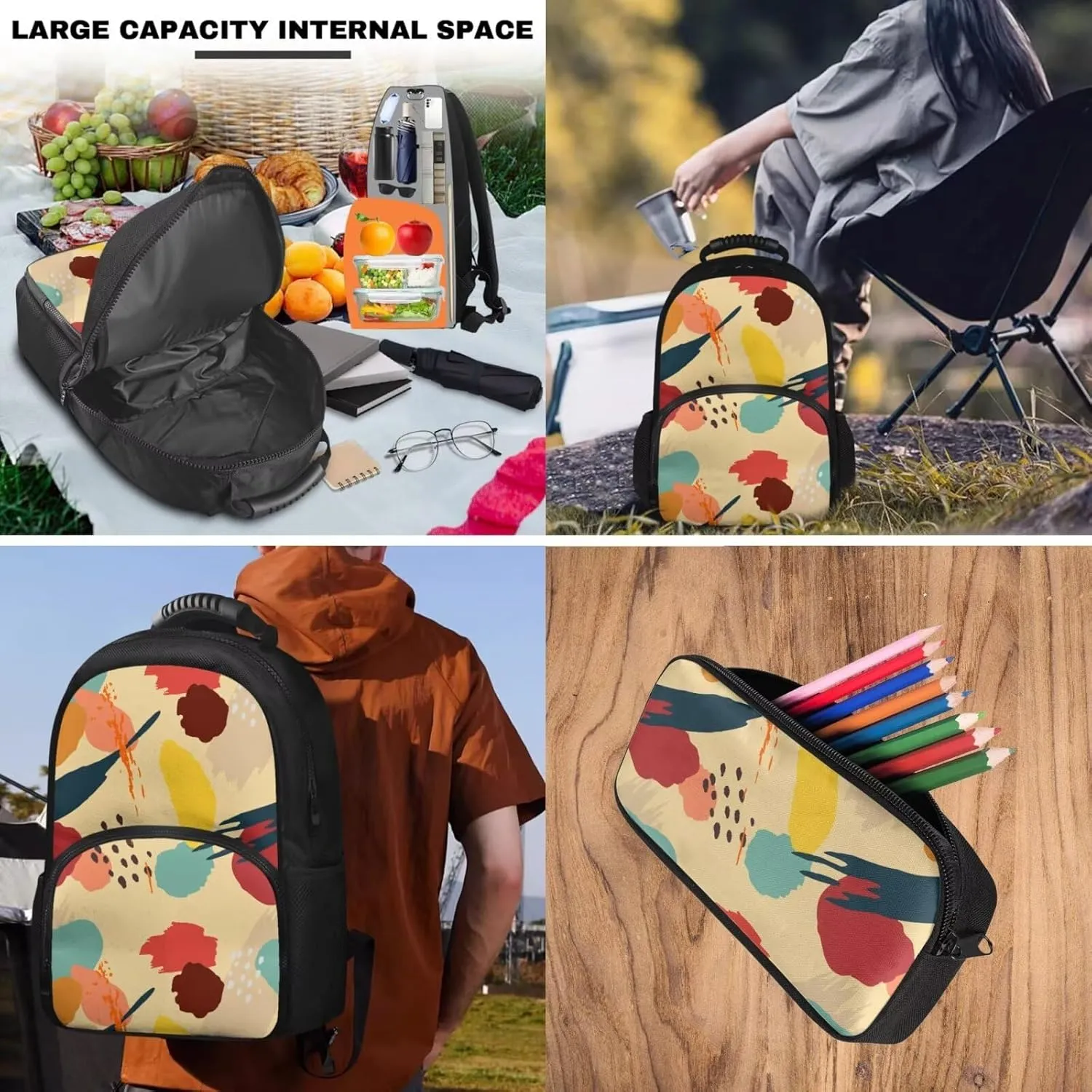 15.6 Inch Backpack with Insulated Lunch Compartment Abstract Print Pencil Pouch & Kids Bag 2 in 1, Smooth Zipper and Multifunctional Storage, for Travel Daycare & Travel