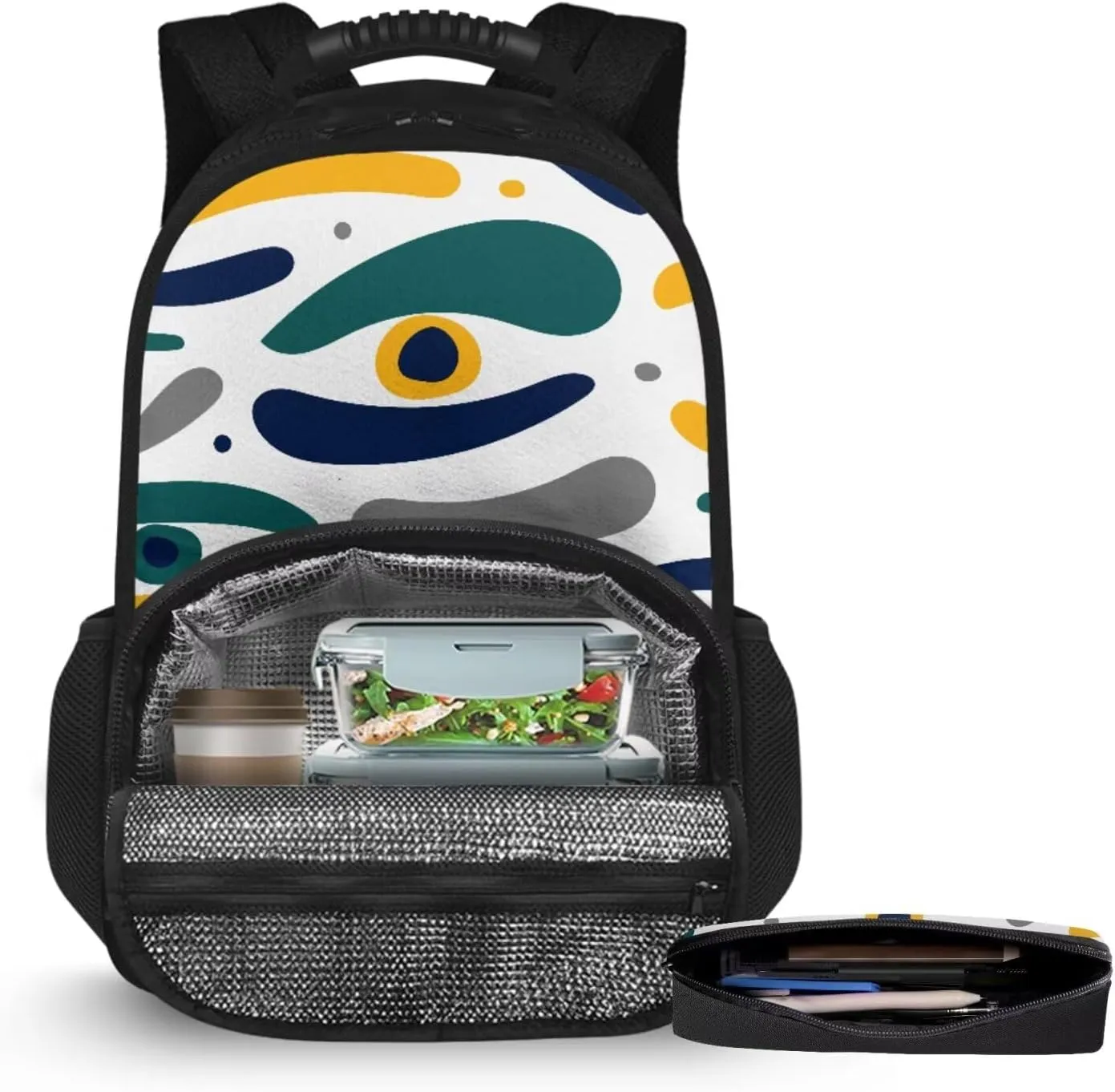 15.6 Inch Backpacks for Girls Eye Pattern Print Zipper Pencil Case & Kids Bag 2 Piece Set, Multi-Functional Insulation and Cold Storage Compartments, Ideal for Schools and Park & Travel