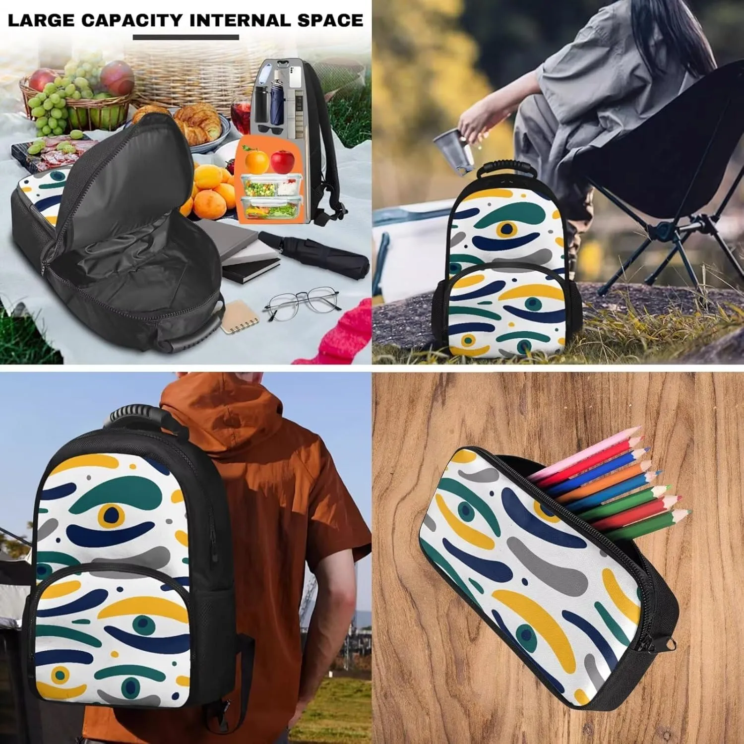 15.6 Inch Backpacks for Girls Eye Pattern Print Zipper Pencil Case & Kids Bag 2 Piece Set, Multi-Functional Insulation and Cold Storage Compartments, Ideal for Schools and Park & Travel