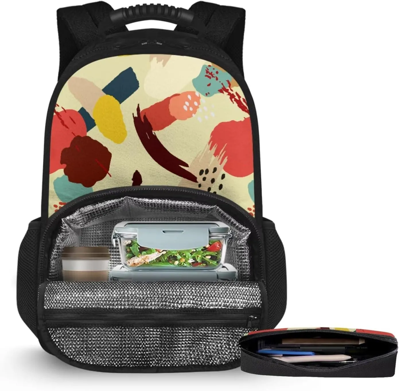 15.6 Inch Lunch Bag Backpack Colour Block Pencil Pouches & Kids Bookbag 2 in 1, Smooth Zipper and Multifunctional Storage, for Travel Daycare & Travel