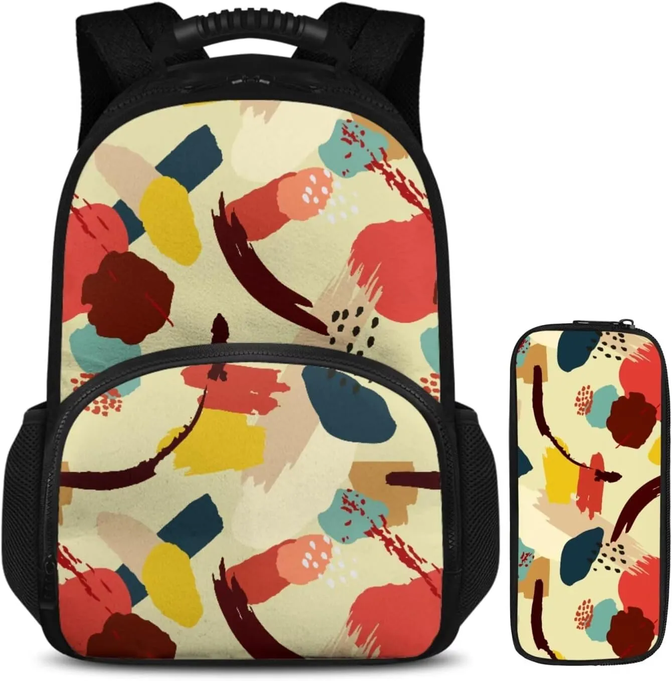 15.6 Inch Lunch Bag Backpack Colour Block Pencil Pouches & Kids Bookbag 2 in 1, Smooth Zipper and Multifunctional Storage, for Travel Daycare & Travel