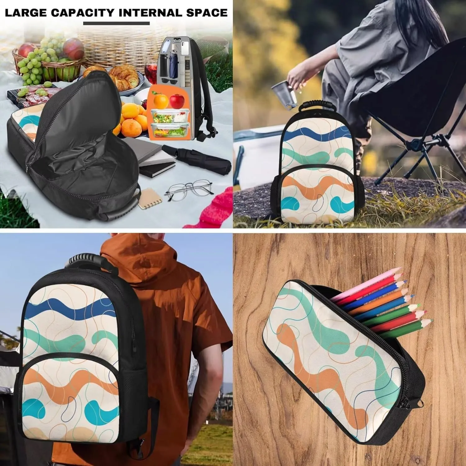 15.6 Inch Princess Backpack Arc Pattern Pen Case & School Bag for Kids 2 Piece Set, Multi-Functional Insulation and Cold Storage Compartments, Ideal for Schools and Park & Travel
