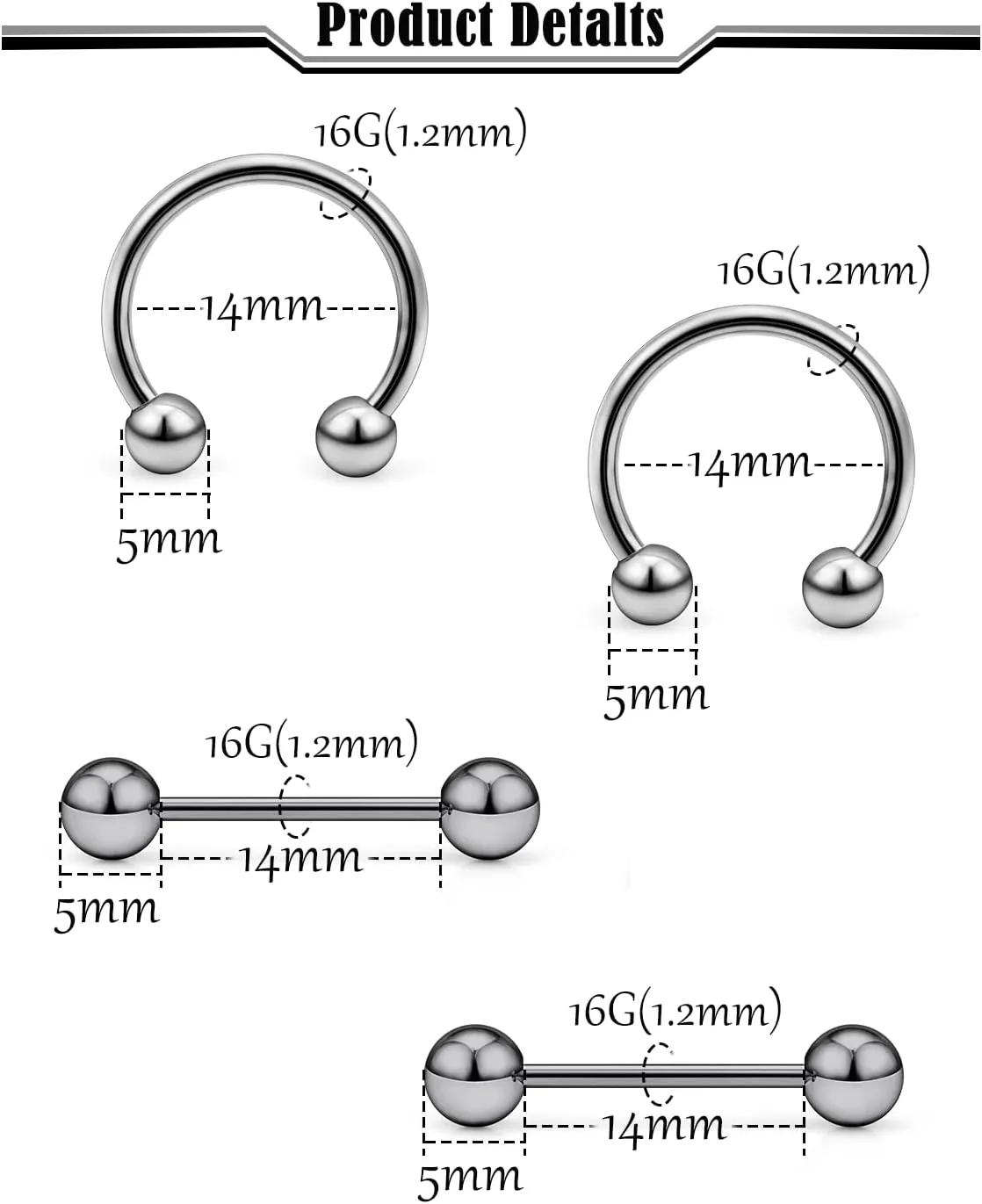 16G 14G G23 Titanium Nipple Piercing Jewelry Tongue Rings Hypoallergenic Horseshoe Captive Bead Tongue Nipple Ring Nipplerings Barbells Hoops Rings Piercing Jewelry for Women Men 14MM 3 Pairs