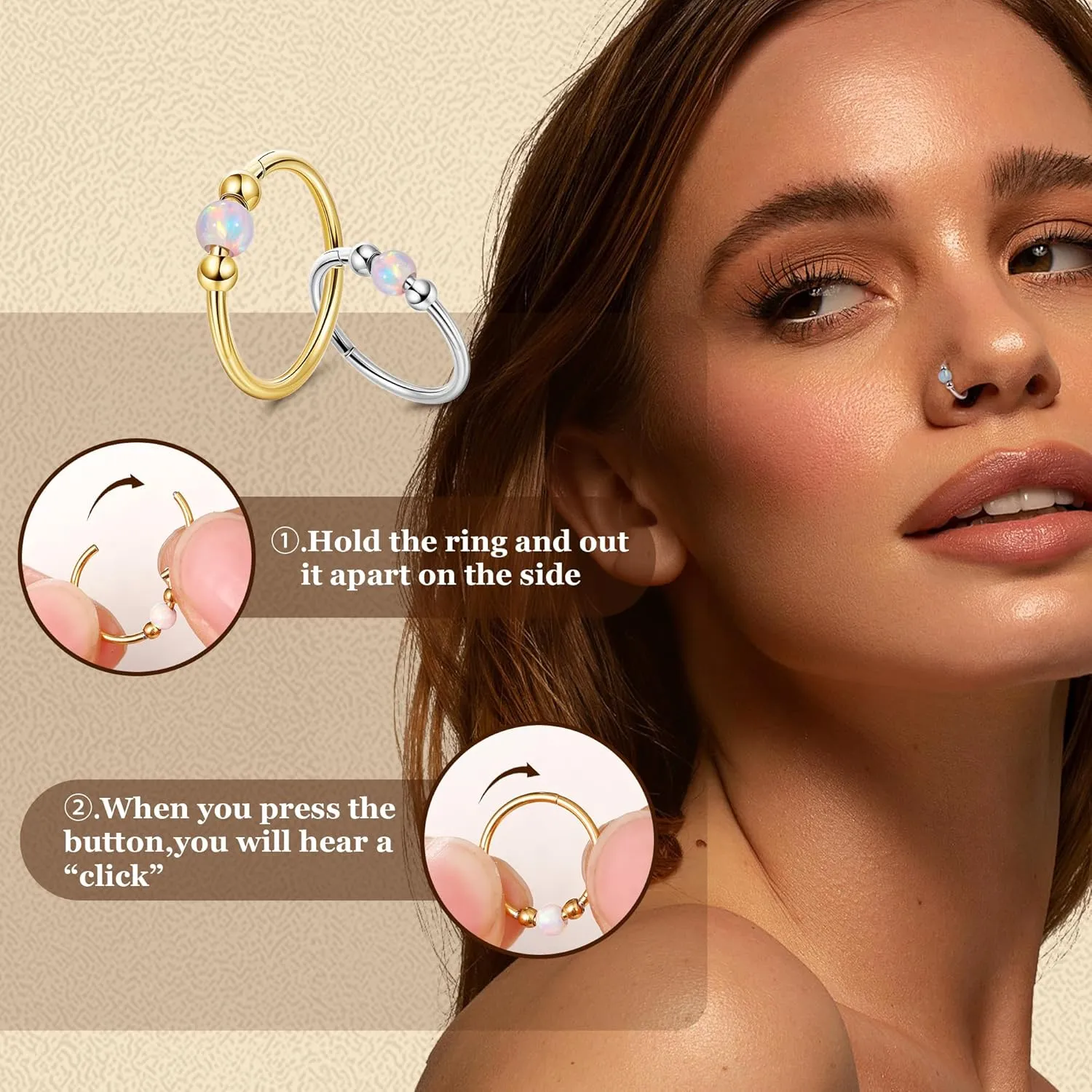 18G Surgical Steel Opal Nose Rings Hoops for Women Hinged Seamless Nose Hoops Helix Cartilage Tragus Hoop Rings Septum Clicker Ring Nose Piercing Jewelry 8mm/10mm