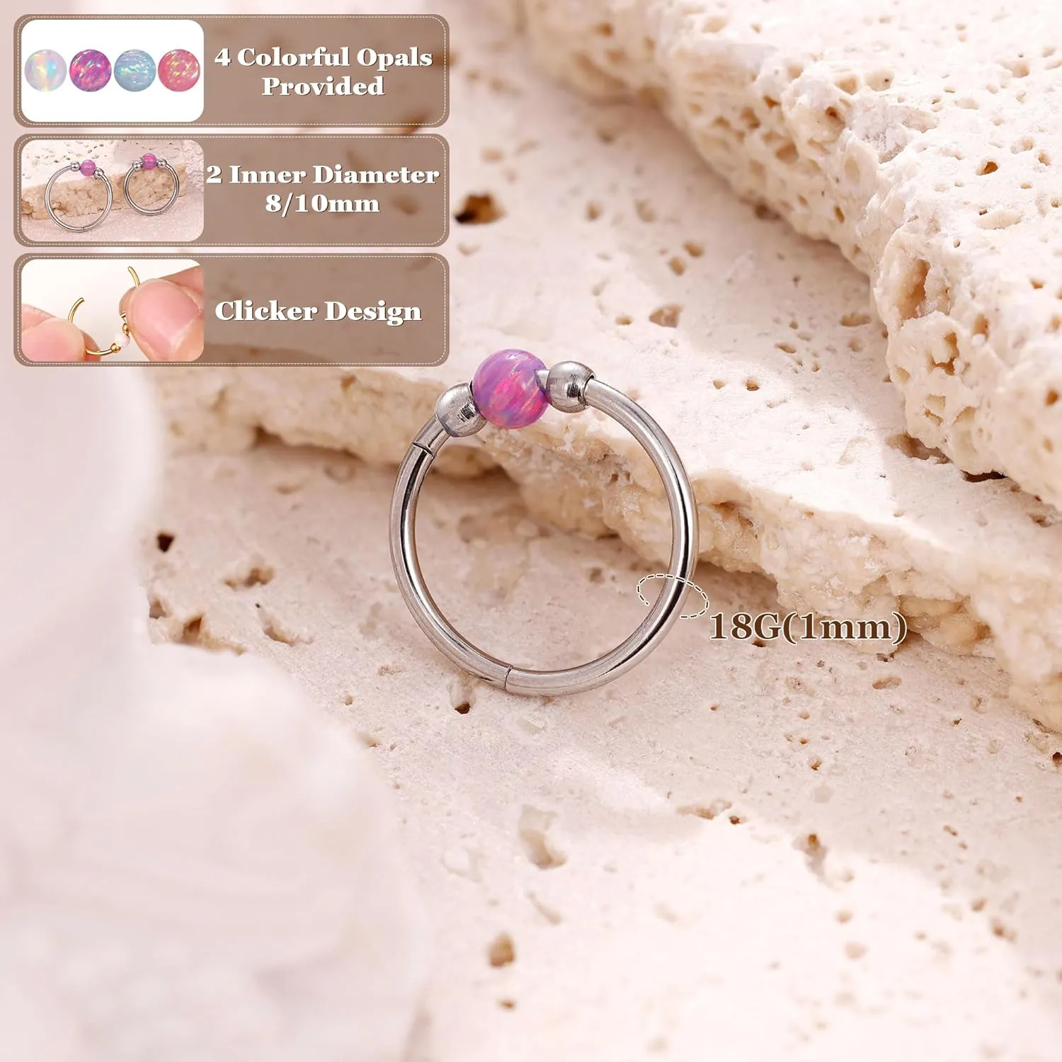 18G Surgical Steel Opal Nose Rings Hoops for Women Hinged Seamless Nose Hoops Helix Cartilage Tragus Hoop Rings Septum Clicker Ring Nose Piercing Jewelry 8mm/10mm