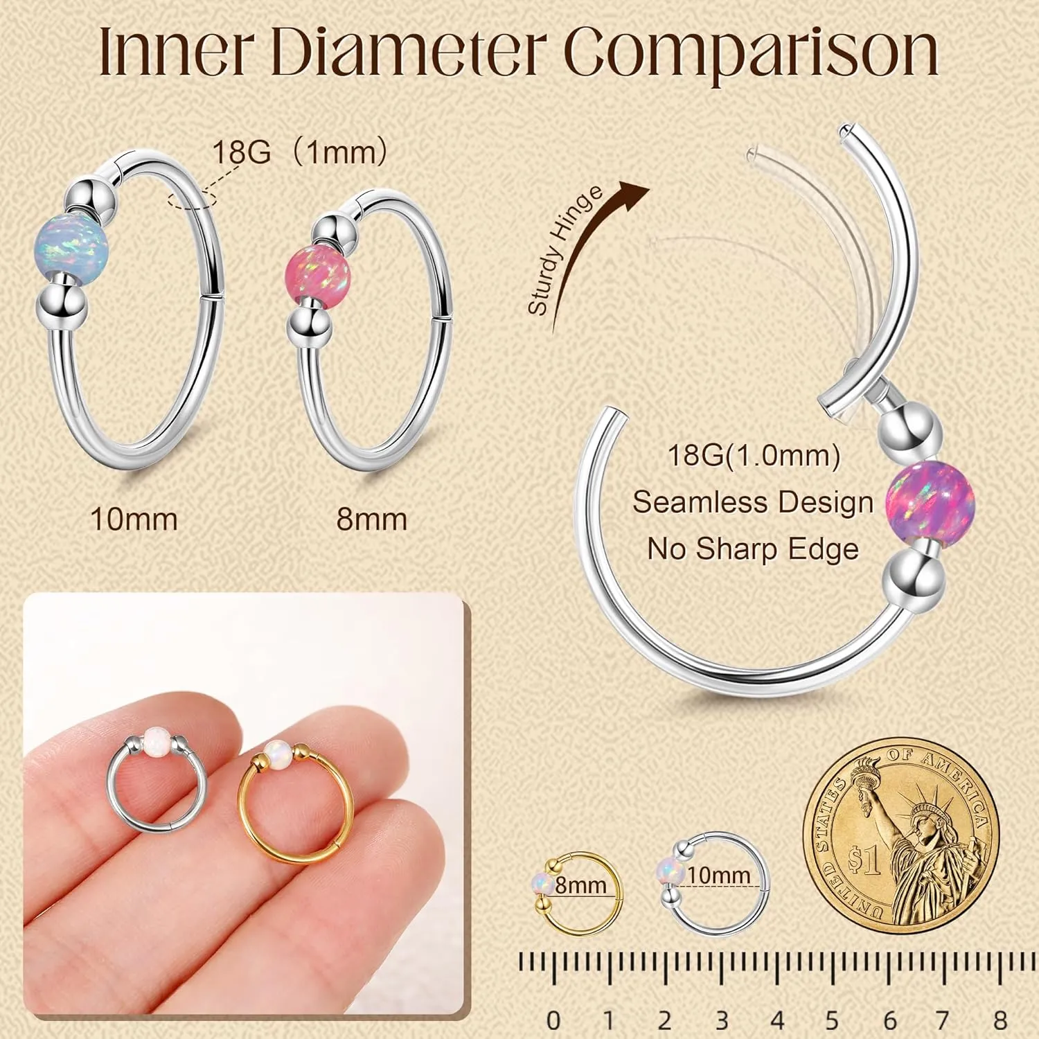 18G Surgical Steel Opal Nose Rings Hoops for Women Hinged Seamless Nose Hoops Helix Cartilage Tragus Hoop Rings Septum Clicker Ring Nose Piercing Jewelry 8mm/10mm