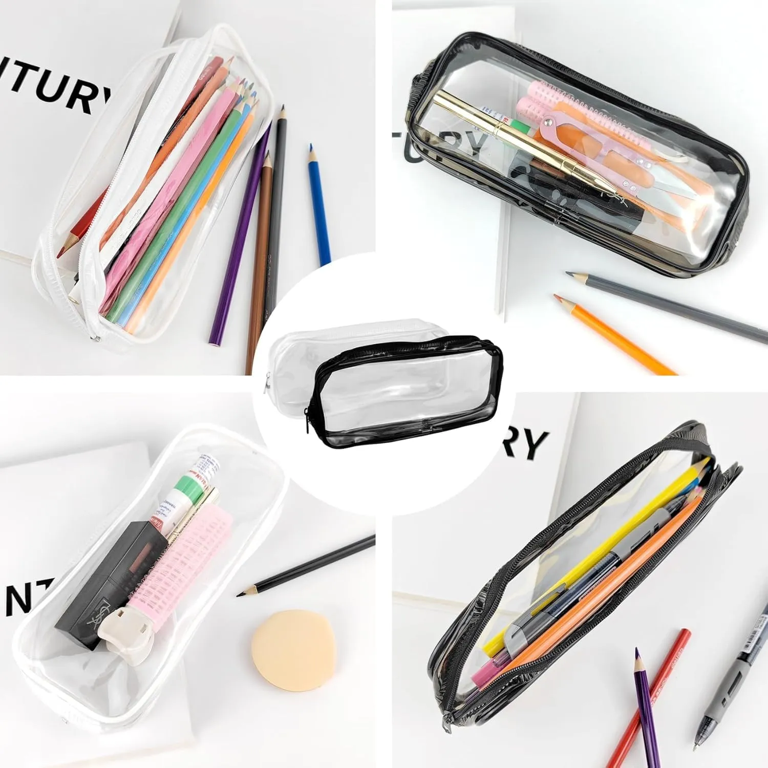 2 Pcs Clear Makeup Bag, Zipper Pencil Bag, Toiletry Organizer, Plastic Pouches, Clear Zipper Pouches, Suitable forTravel, Home and Office (1* Black 1*White)