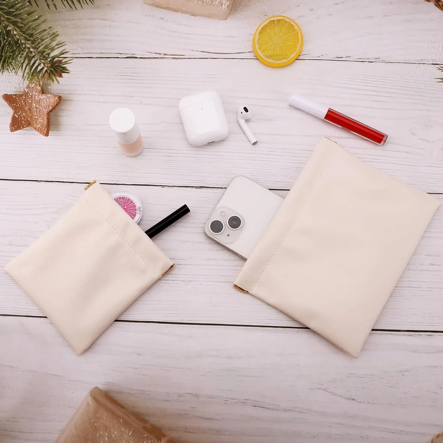 2 PCS Ladies Small Makeup Bag for Purse,Small Makeup Pouch,Purse organizer Pouches,Mini Cosmetic Bag for Travel,Pouchic Snap Closure Pouches,Coin Pouch(Cream)