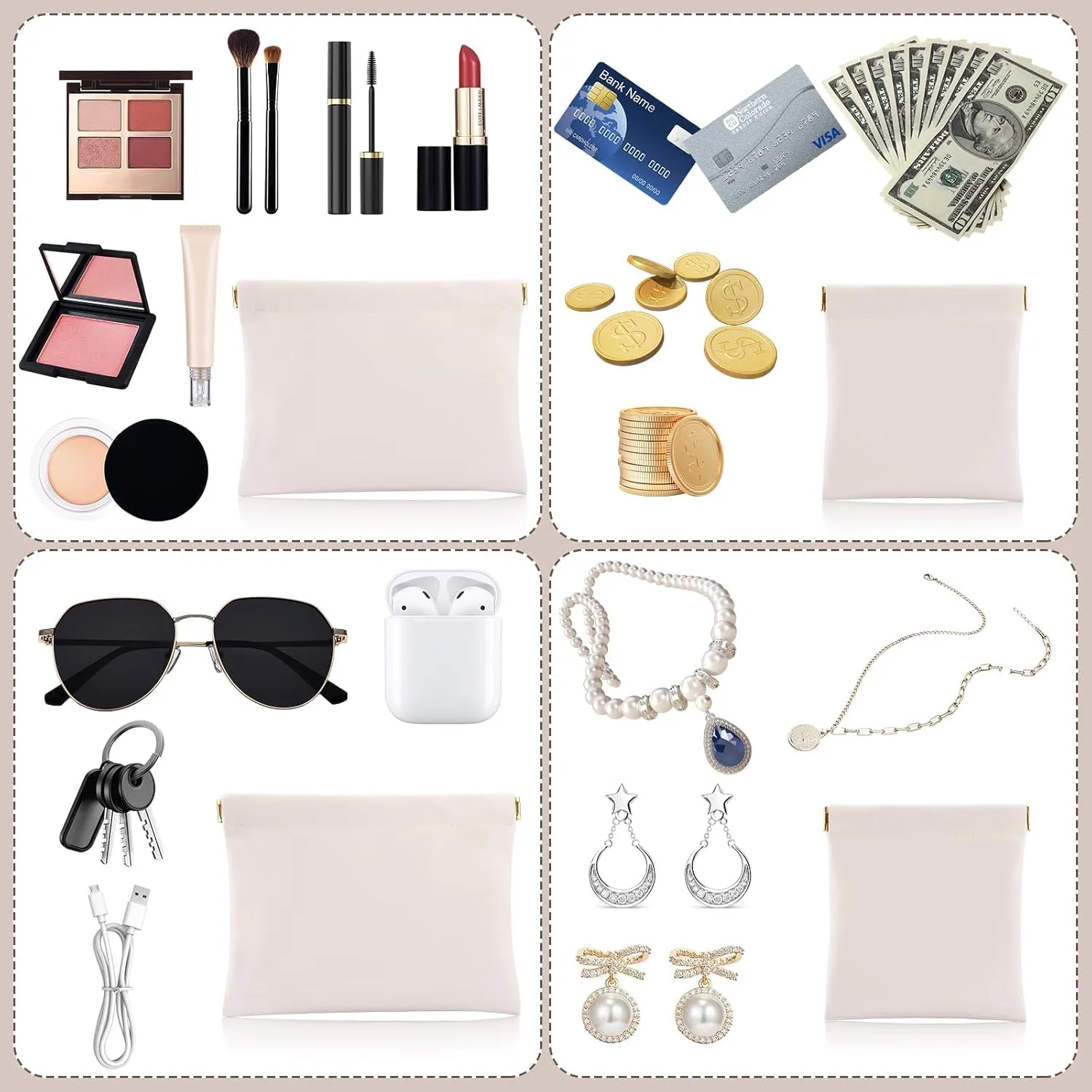 2 PCS Ladies Small Makeup Bag for Purse,Small Makeup Pouch,Purse organizer Pouches,Mini Cosmetic Bag for Travel,Pouchic Snap Closure Pouches,Coin Pouch(Cream)
