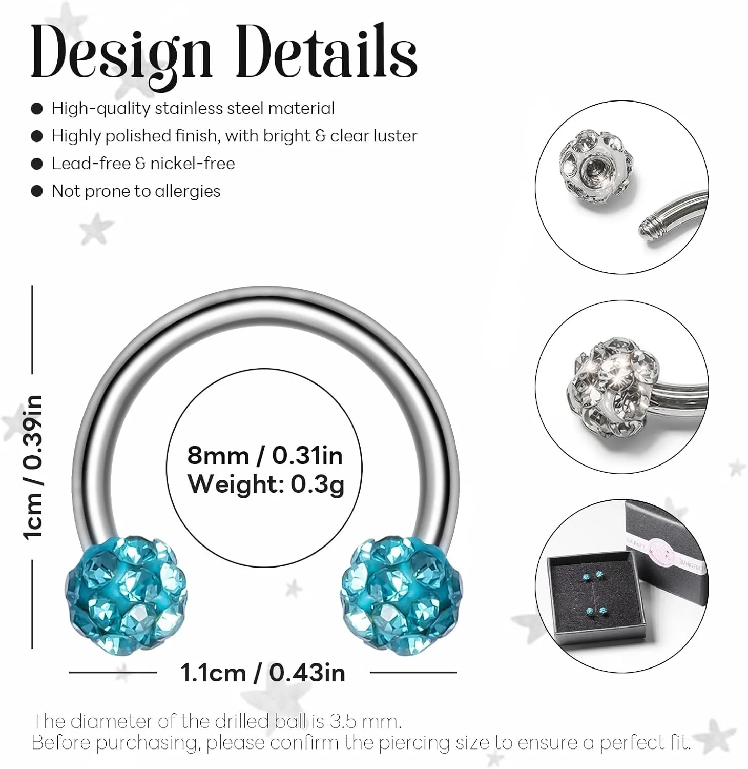 2 Pcs Stainless Steel Hoop Nose Ring with Zirconia Ornament Hypoallergenic 316L Surgical Steel Nose Nostril Piercing Jewelry Studs Rings for Women Men