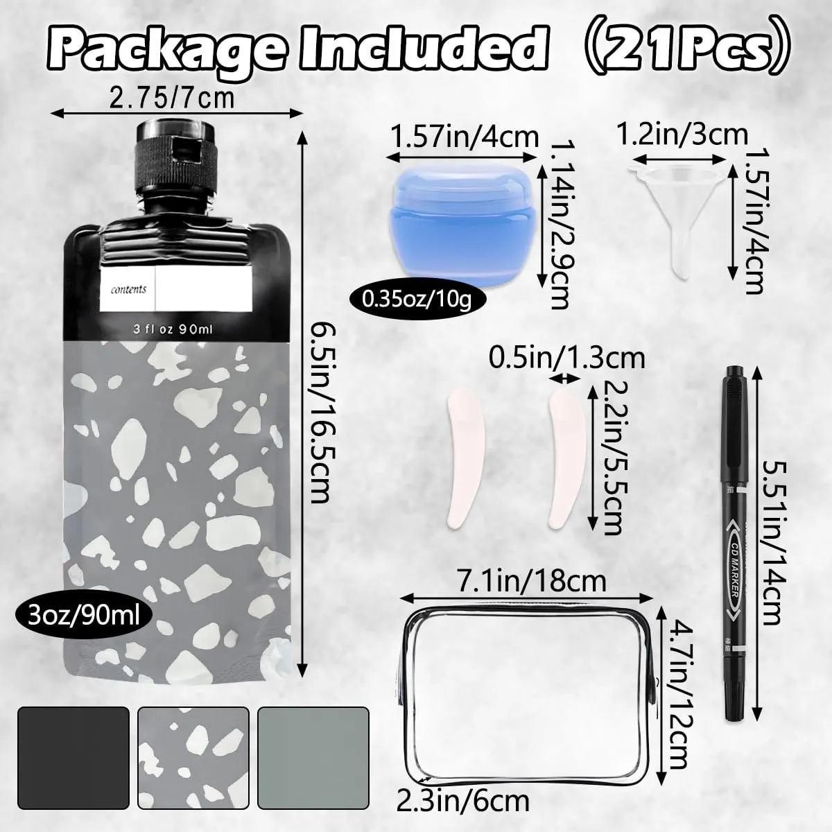 21 Pack Squeeze Pouches for Toiletries Liquid, Plastic Portable Refillable Travel Pouches, Leak Proof Fluid Makeup Packing Bag for Lotion Shampoo Conditioner Face Cream Hand Soap (Black)