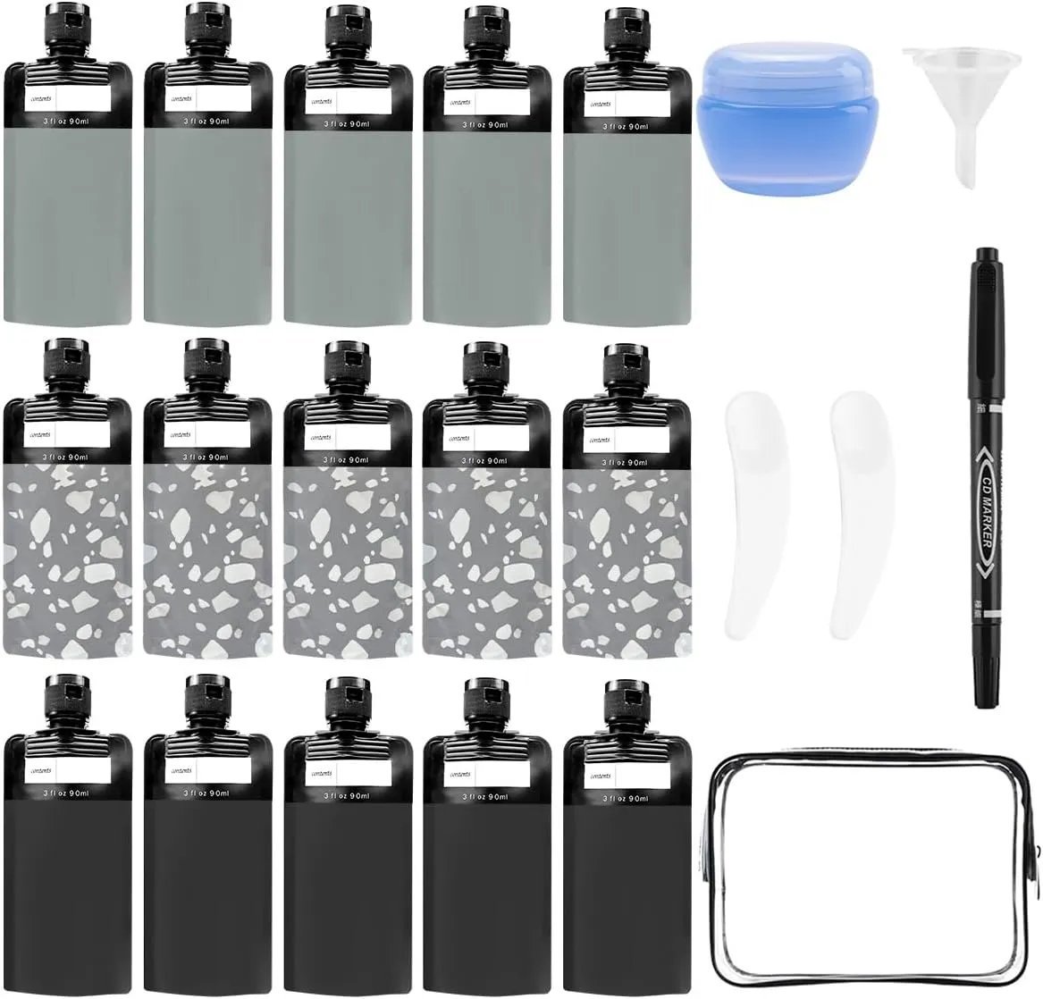 21 Pack Squeeze Pouches for Toiletries Liquid, Plastic Portable Refillable Travel Pouches, Leak Proof Fluid Makeup Packing Bag for Lotion Shampoo Conditioner Face Cream Hand Soap (Black)