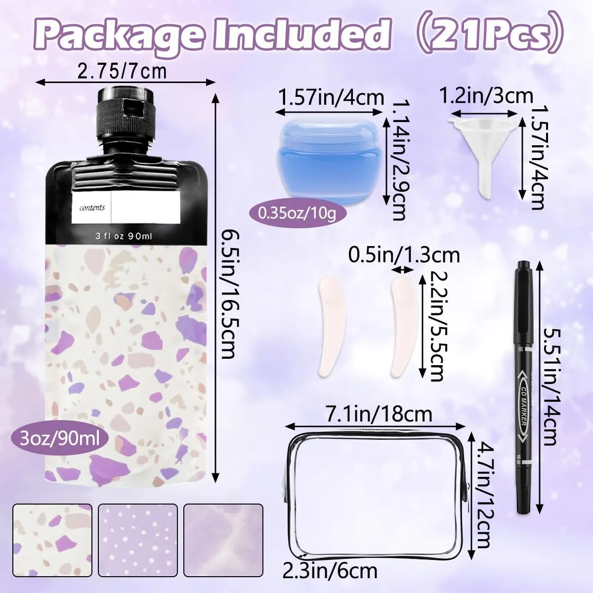 21 Pack Squeeze Pouches for Toiletries Liquid, Plastic Portable Refillable Travel Pouches, Leak Proof Fluid Makeup Packing Bag for Lotion Shampoo Conditioner Face Cream Hand Soap (Purple)