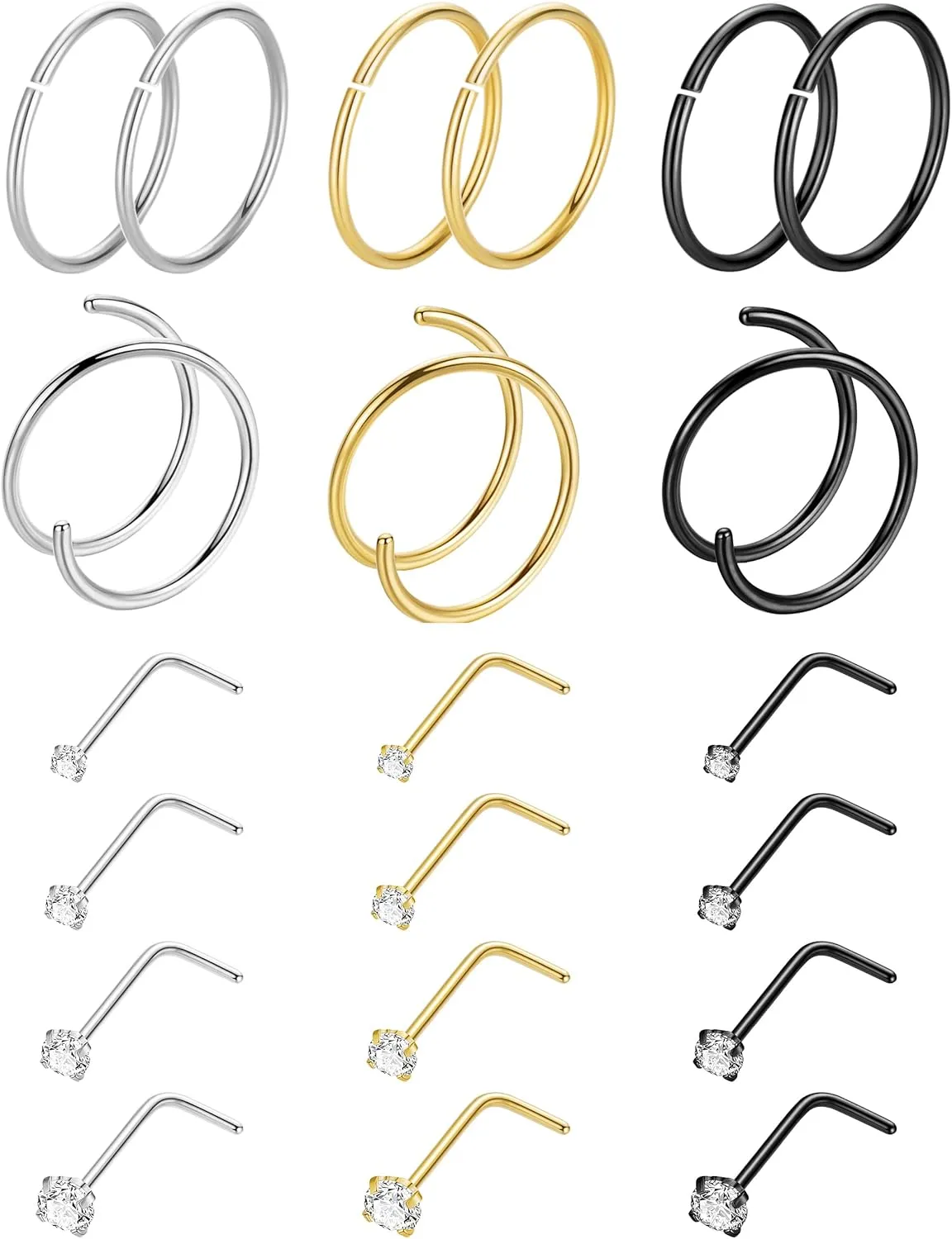 21PCS 18G 20G 22G 316L Stainless Steel Nose Rings Hoop for Women Men Double Nose Ring CZ Nose Stud Piercing Jewelry