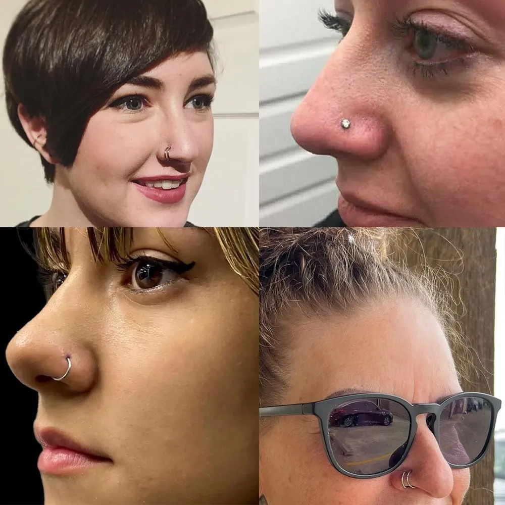 21PCS 18G 20G 22G 316L Stainless Steel Nose Rings Hoop for Women Men Double Nose Ring CZ Nose Stud Piercing Jewelry