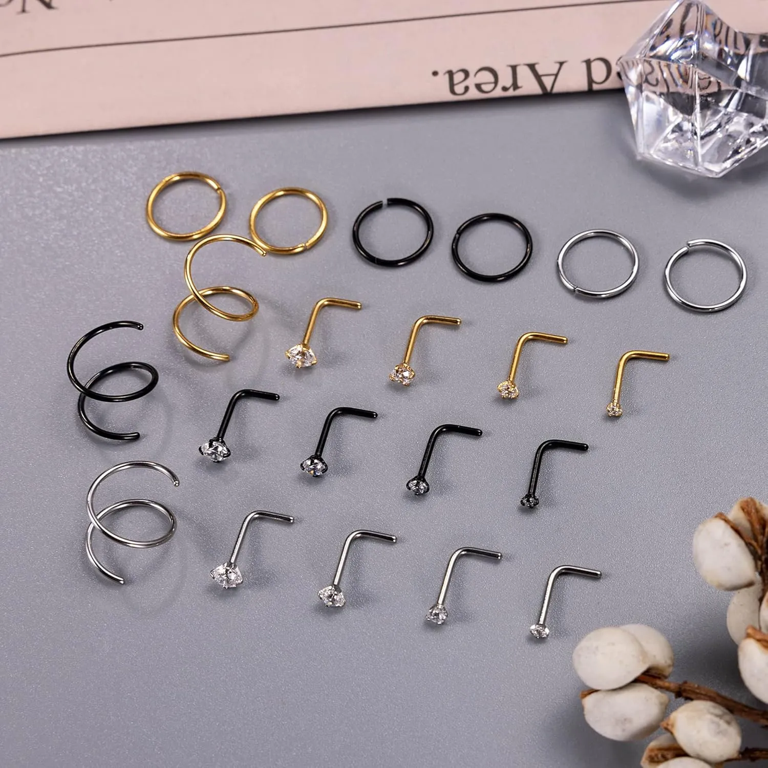 21PCS 18G 20G 22G 316L Stainless Steel Nose Rings Hoop for Women Men Double Nose Ring CZ Nose Stud Piercing Jewelry
