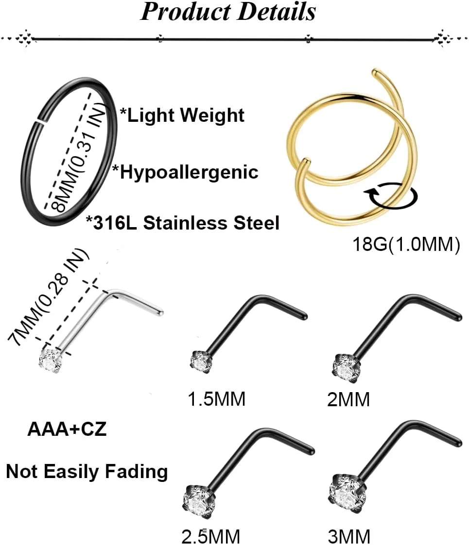 21PCS 18G 20G 22G 316L Stainless Steel Nose Rings Hoop for Women Men Double Nose Ring CZ Nose Stud Piercing Jewelry