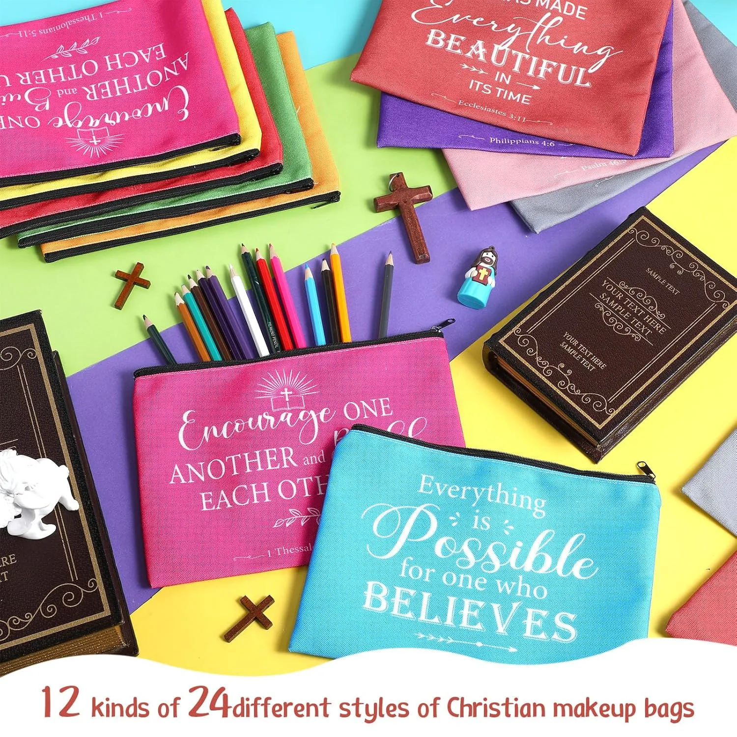 24 Pcs Christian Makeup Bag Bible Cosmetic Bags Inspirational Bible Verse Toiletry Pouches Canvas Motivational Pouches with Zipper for Women Organize Cosmetics Toiletries Stationery(Colorful)