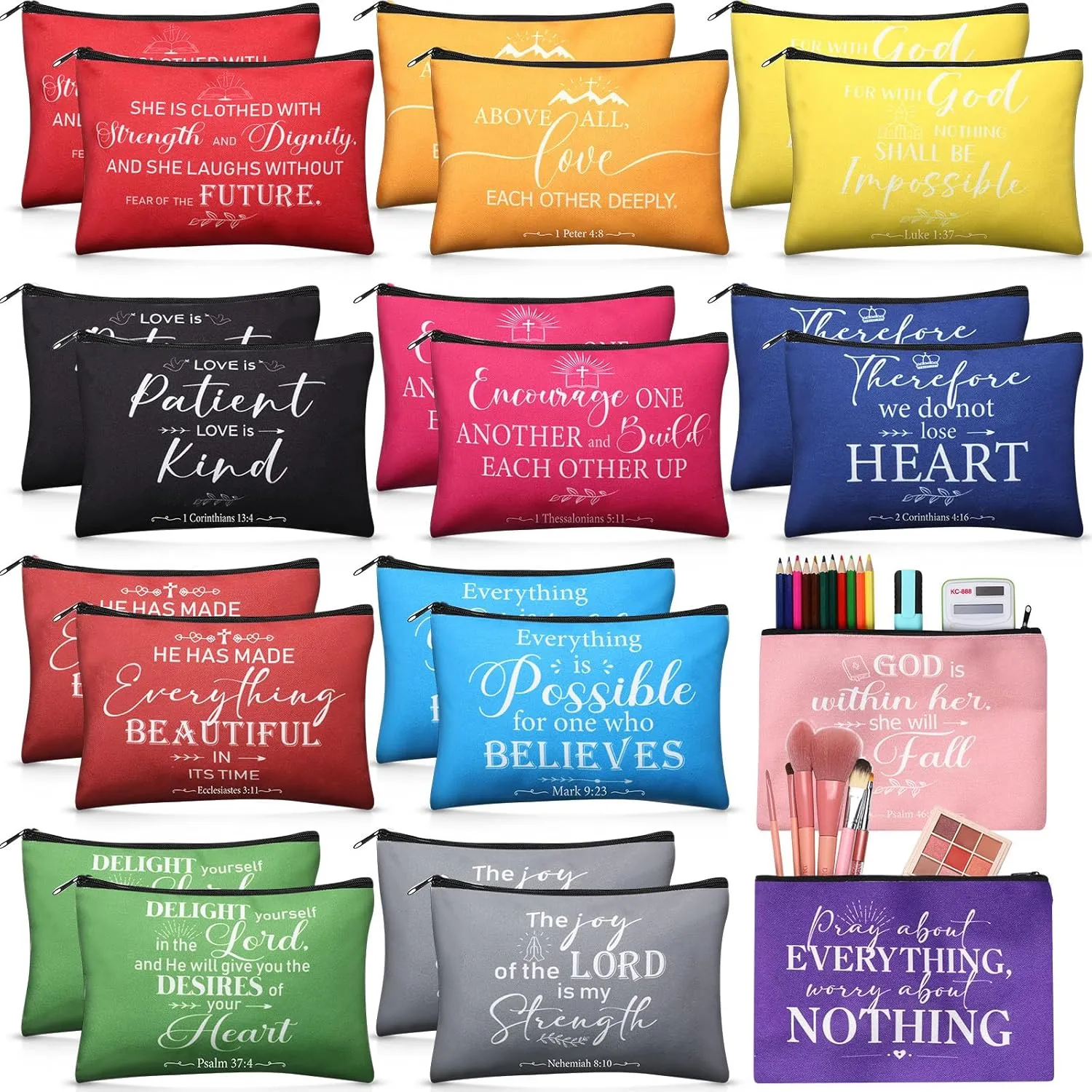 24 Pcs Christian Makeup Bag Bible Cosmetic Bags Inspirational Bible Verse Toiletry Pouches Canvas Motivational Pouches with Zipper for Women Organize Cosmetics Toiletries Stationery(Colorful)