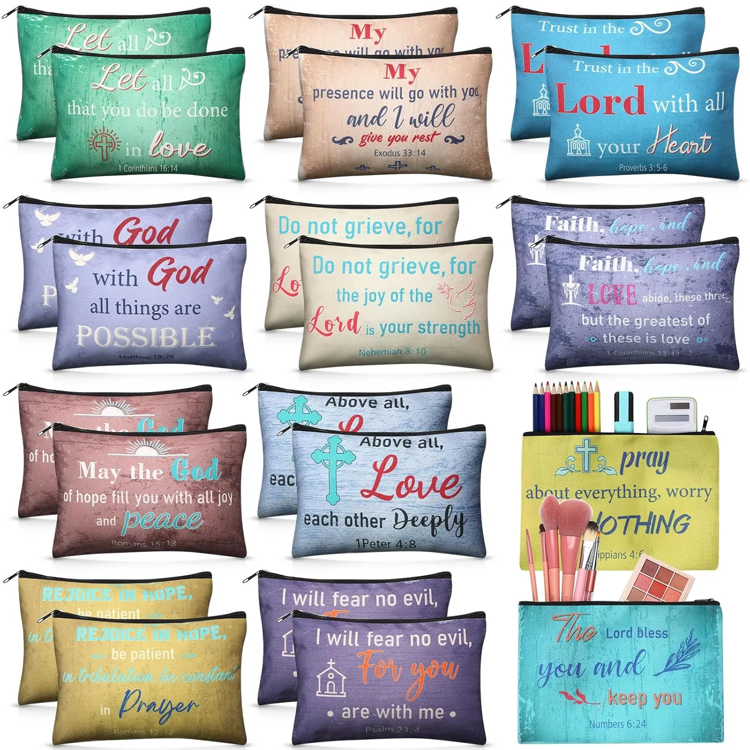 24 Pcs Christian Makeup Bag Bible Cosmetic Bags Inspirational Bible Verse Toiletry Pouches Canvas Motivational Pouches with Zipper for Women Organize Cosmetics Toiletries Stationery(Retro)