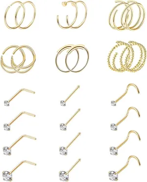 24Pcs 20G Surgical Steel Nose Rings Hoop Nose Studs Tragus Cartilage Earrings Piercing Jewelry 1.5mm 2mm 2.5mm 3mm CZ