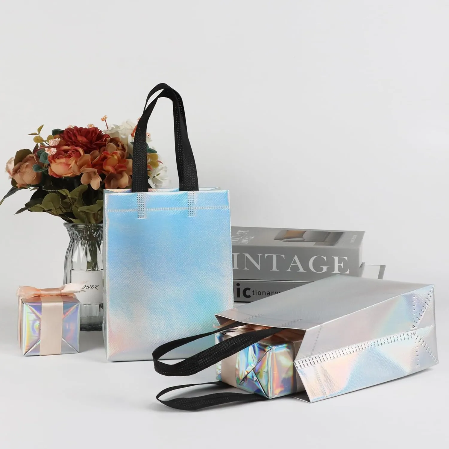 25 Pack Gift Bags with Handles,Small Gift Bags,Non-woven Bag for Birthday,Baby Shower,Crafts, Christmas,Party Supplies,Iridescent,5.9" L x 3.5" W x 8" H