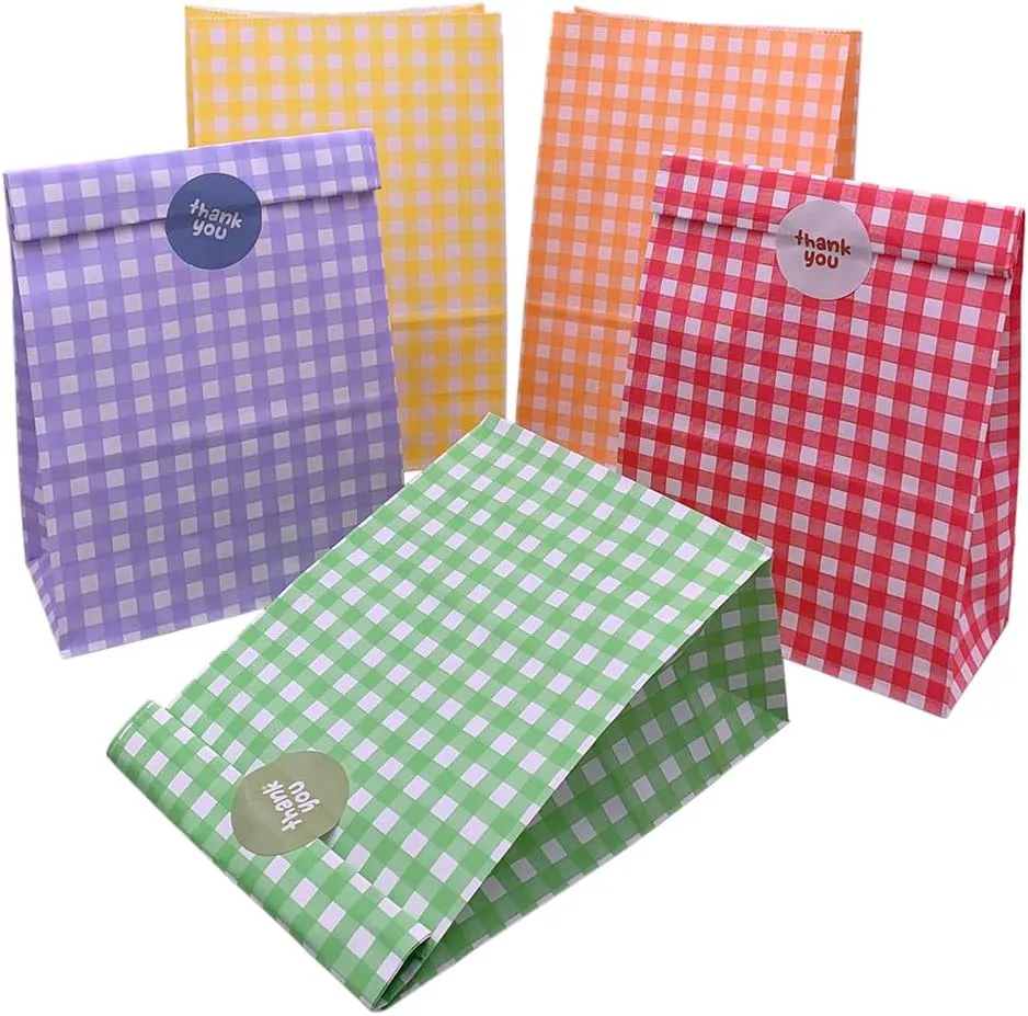 25pcs Party Favor Bags Colorful Paper Bags Rainbow Treat Bags Checked Gift Bags Goodie Bags with Stickers for Birthday Party Baby Shower Holiday Celebration